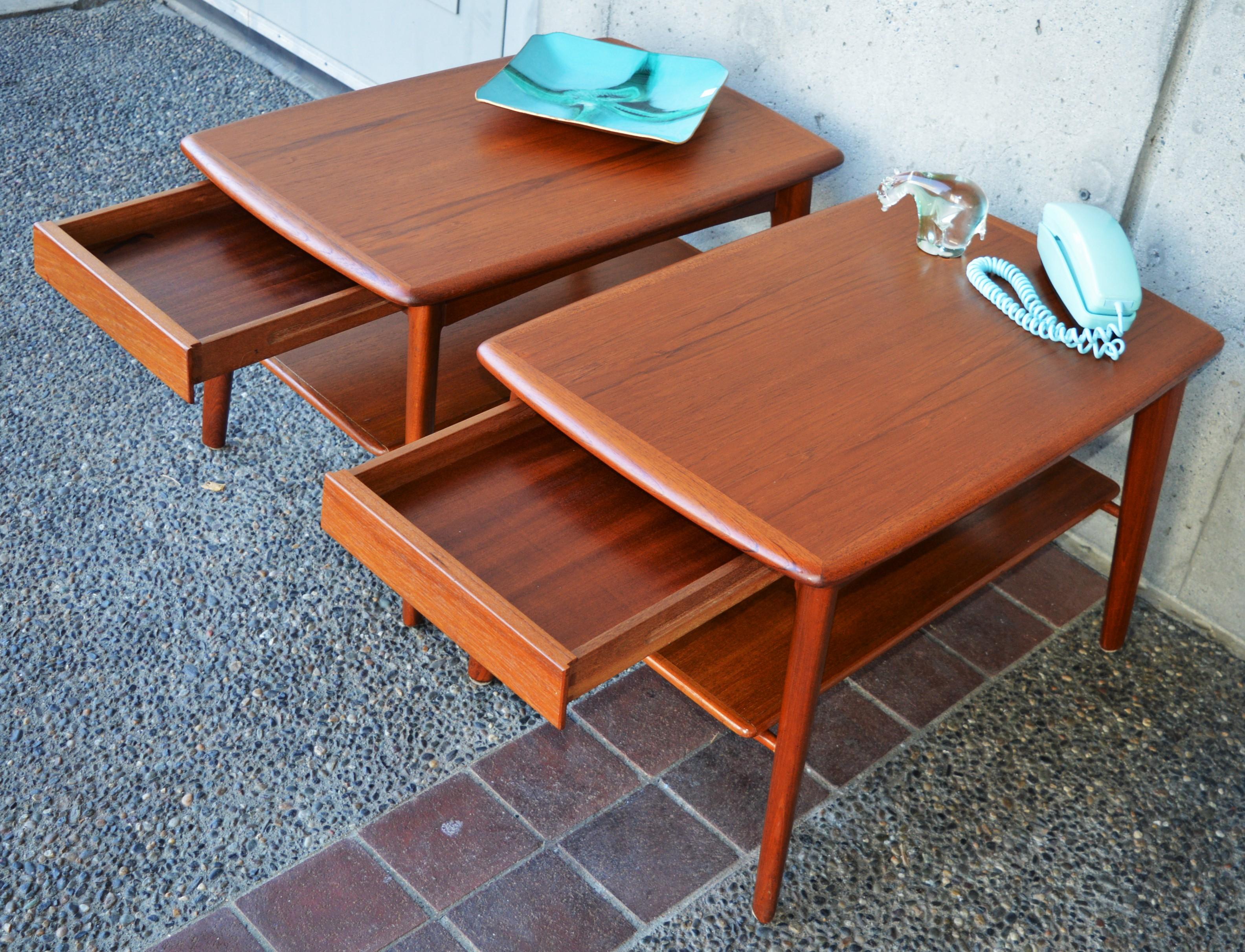Pair of Quality Teak Side Tables or Nightstands by Svend Madsen W/Shelf & Drawer In Good Condition In New Westminster, British Columbia