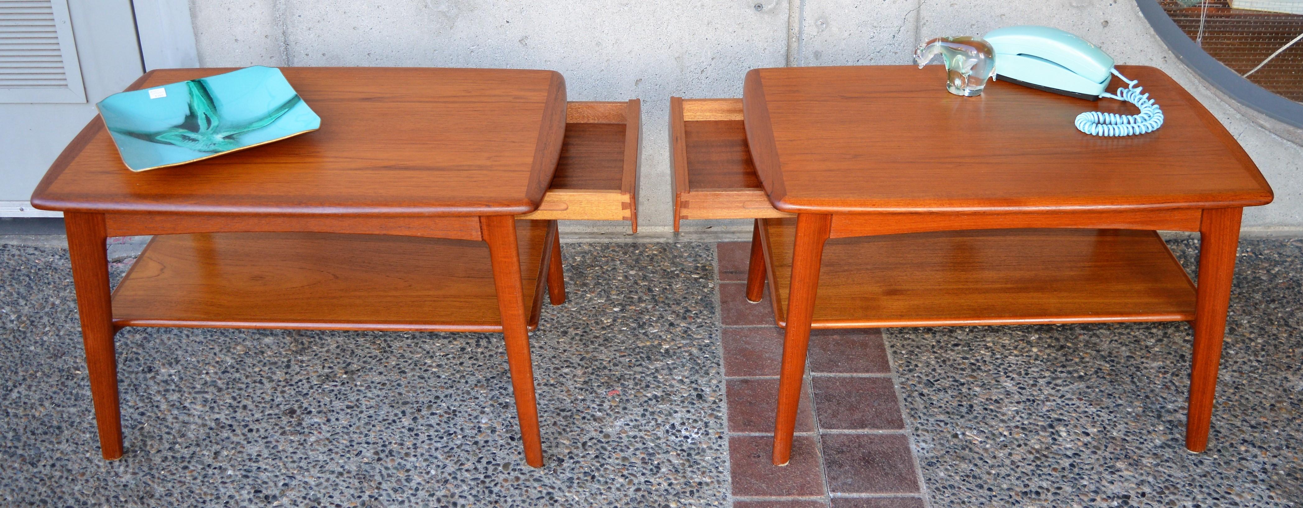 Mid-20th Century Pair of Quality Teak Side Tables or Nightstands by Svend Madsen W/Shelf & Drawer