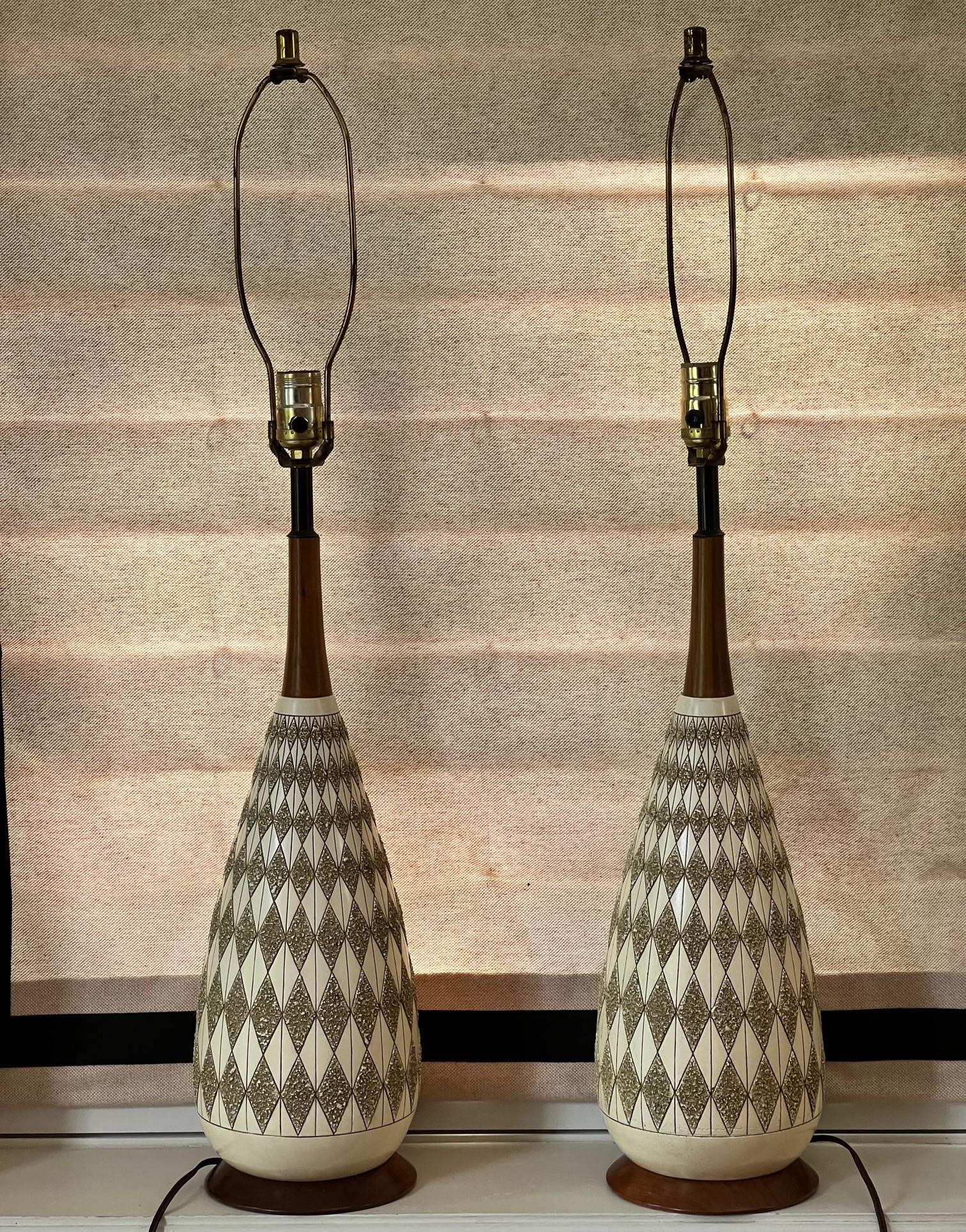 Mid-20th Century Pair of Quartite Creative Corp. Mid Century Modern Table Lamps With Teak Accents