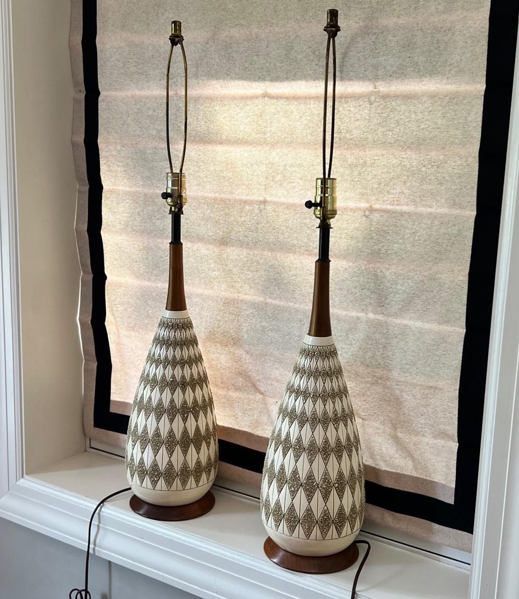 Pair of Quartite Creative Corp. Mid Century Modern Table Lamps With Teak Accents 1