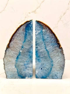Pair of Quartz Crystal Geode Bookends in Blue and White