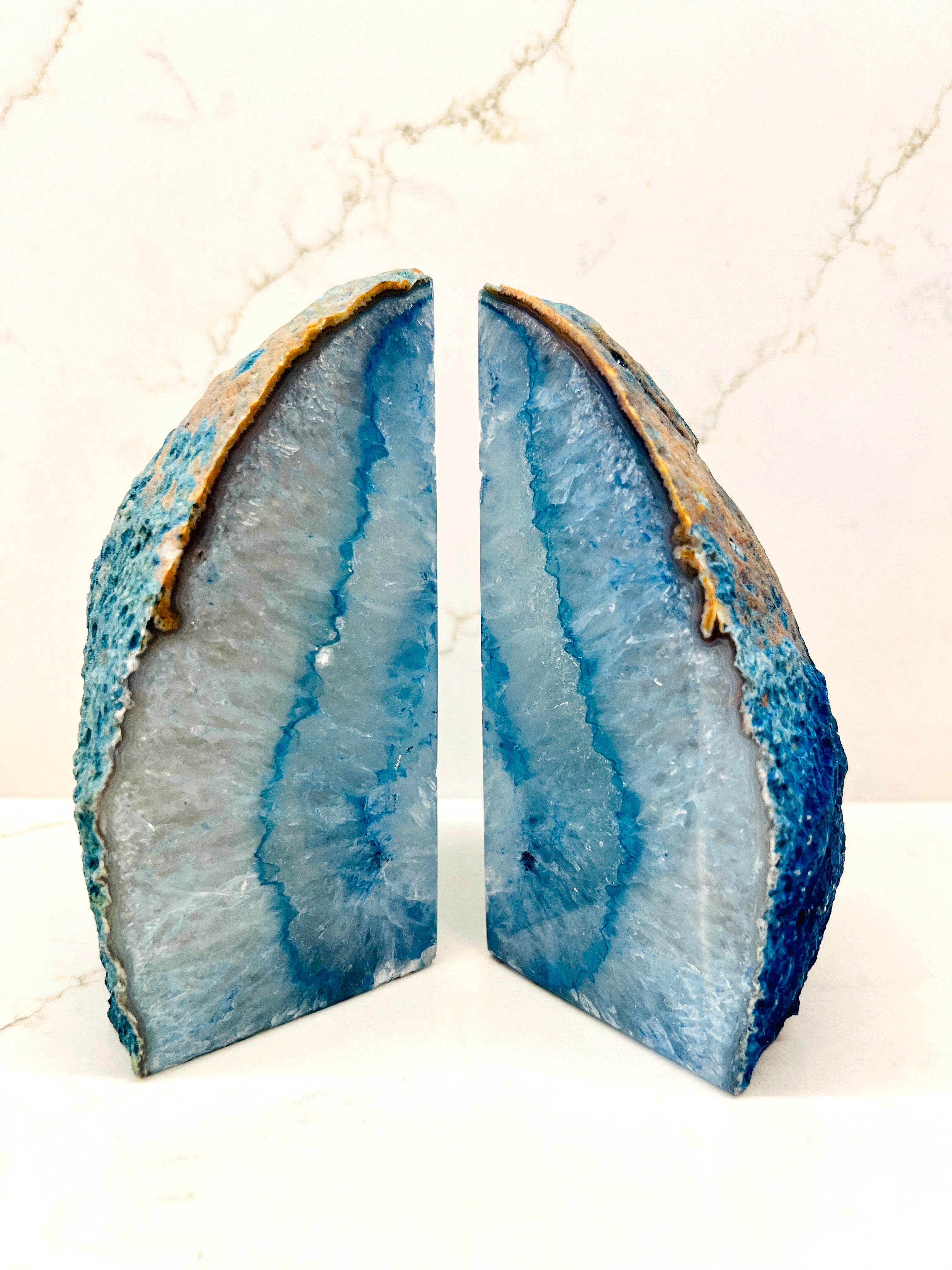 Organic Modern Pair of Quartz Crystal Geode Bookends in Blue and White For Sale