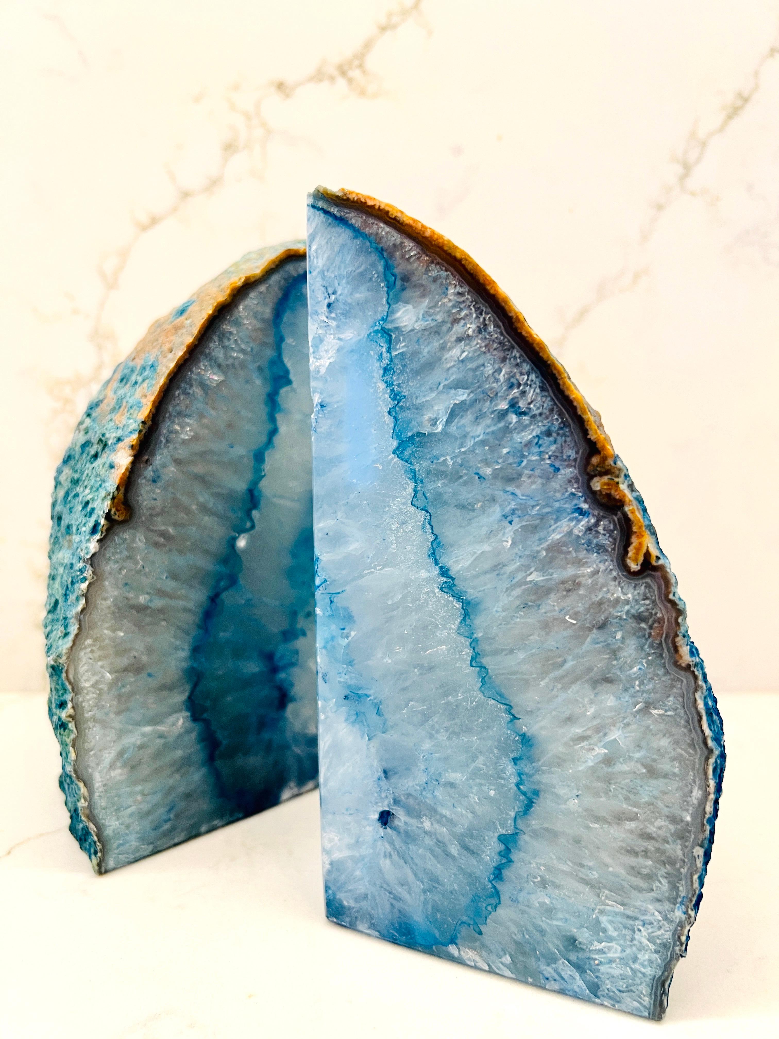 Brazilian Pair of Quartz Crystal Geode Bookends in Blue and White For Sale