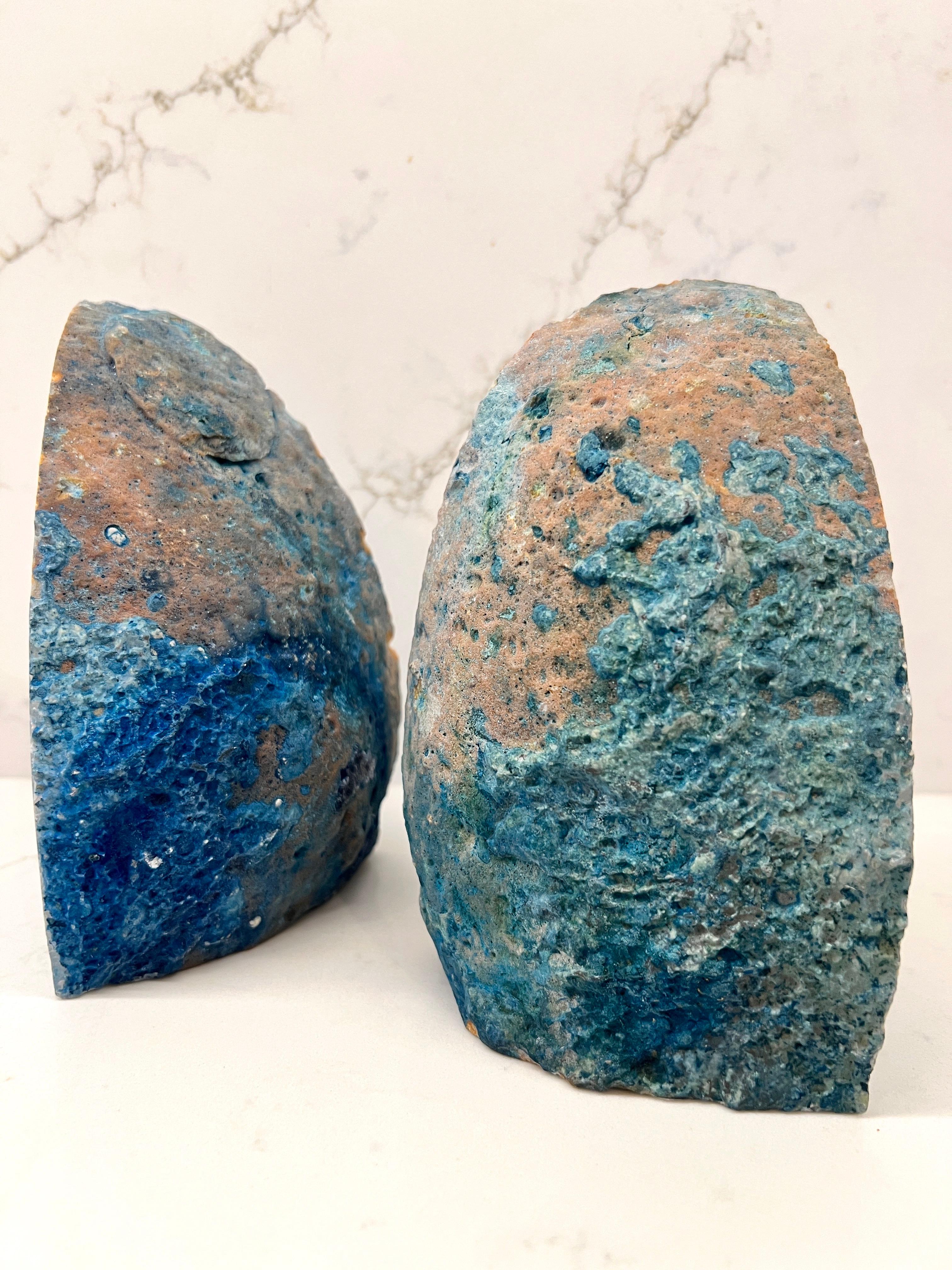 Contemporary Pair of Quartz Crystal Geode Bookends in Blue and White