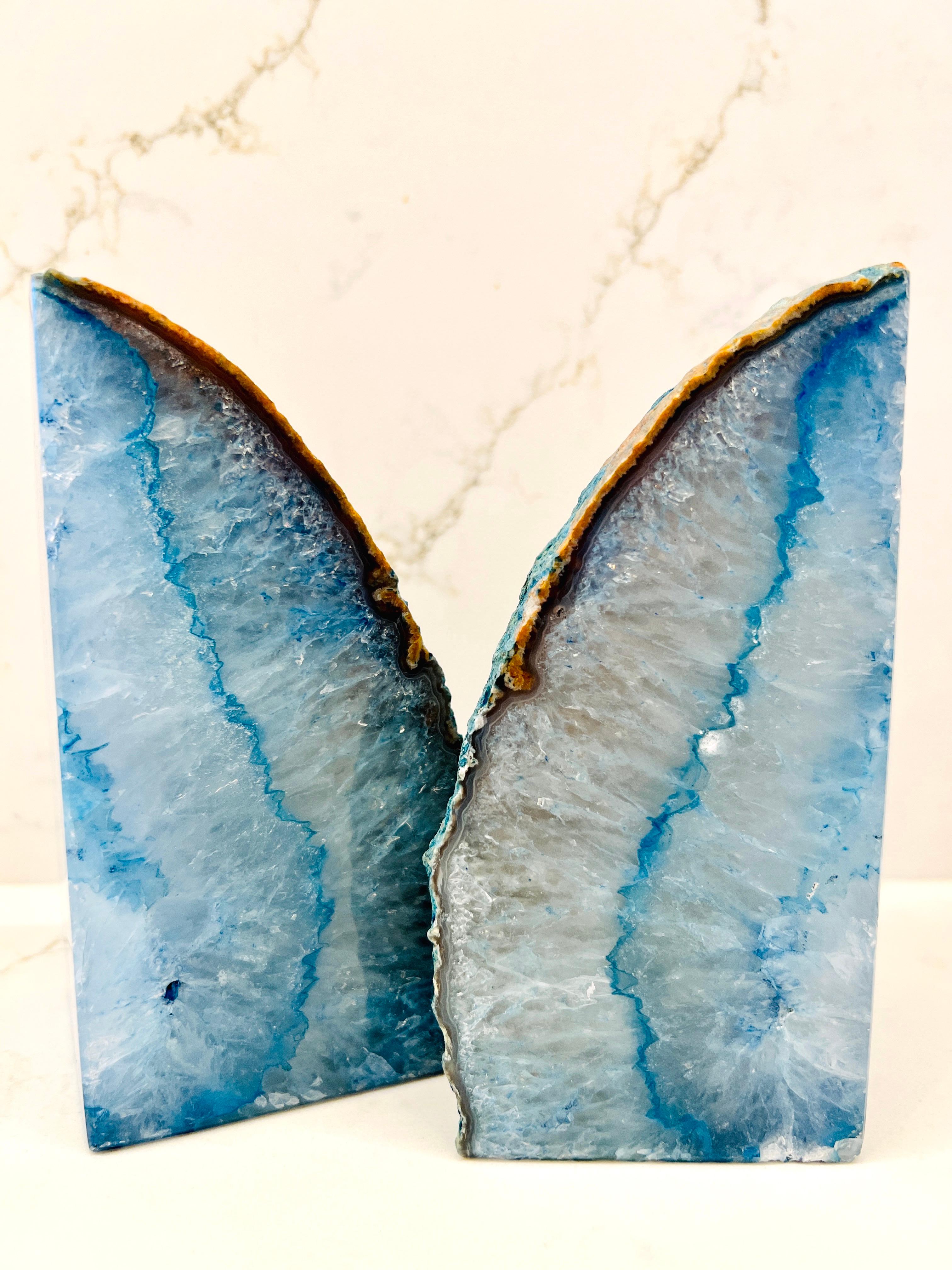 Agate Pair of Quartz Crystal Geode Bookends in Blue and White For Sale