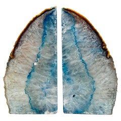 Pair of Quartz Crystal Geode Bookends in Blue and White