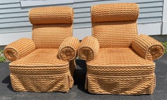 Pair of Quatrain Custom Coral Upholstered Arm Chairs
