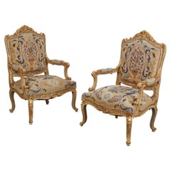 Pair of Quatrain for Dessin Fournir Louis XV Style Giltwood Fauteuils Arm Chairs