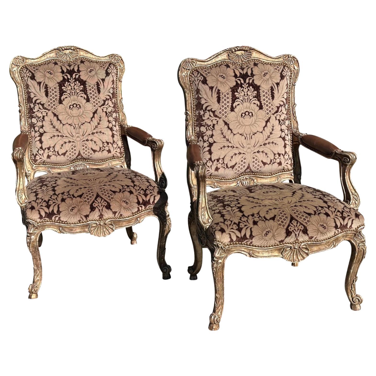 Pair of Quatrain for Dessin Fournir Venetian Shell Giltwood Arm Chairs For Sale