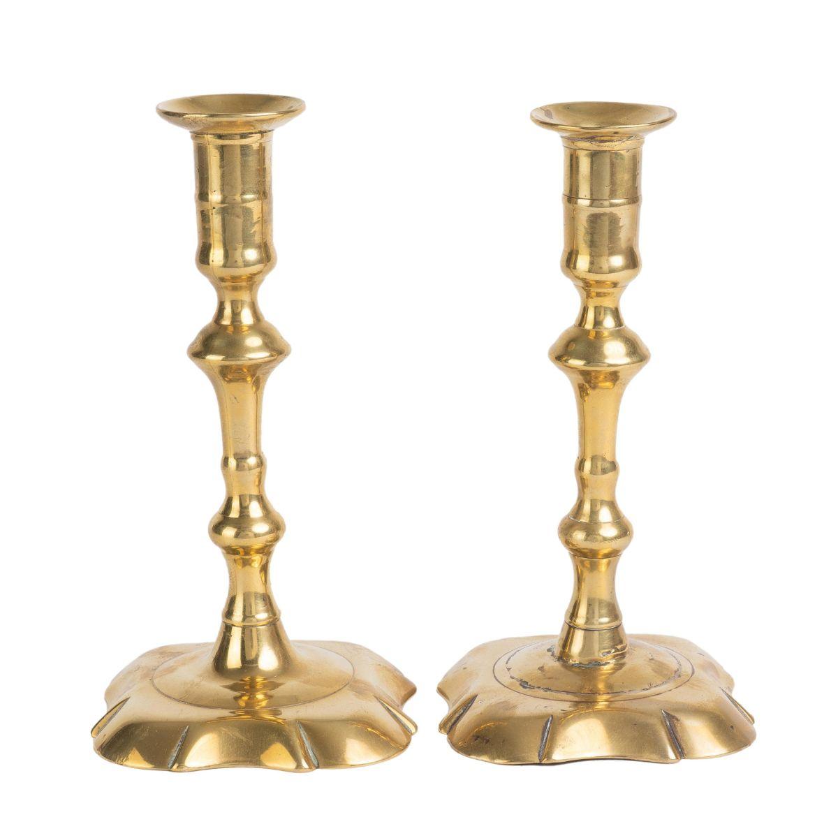 English Pair of Queen Anne Brass Candlesticks with Bobesh, 1750