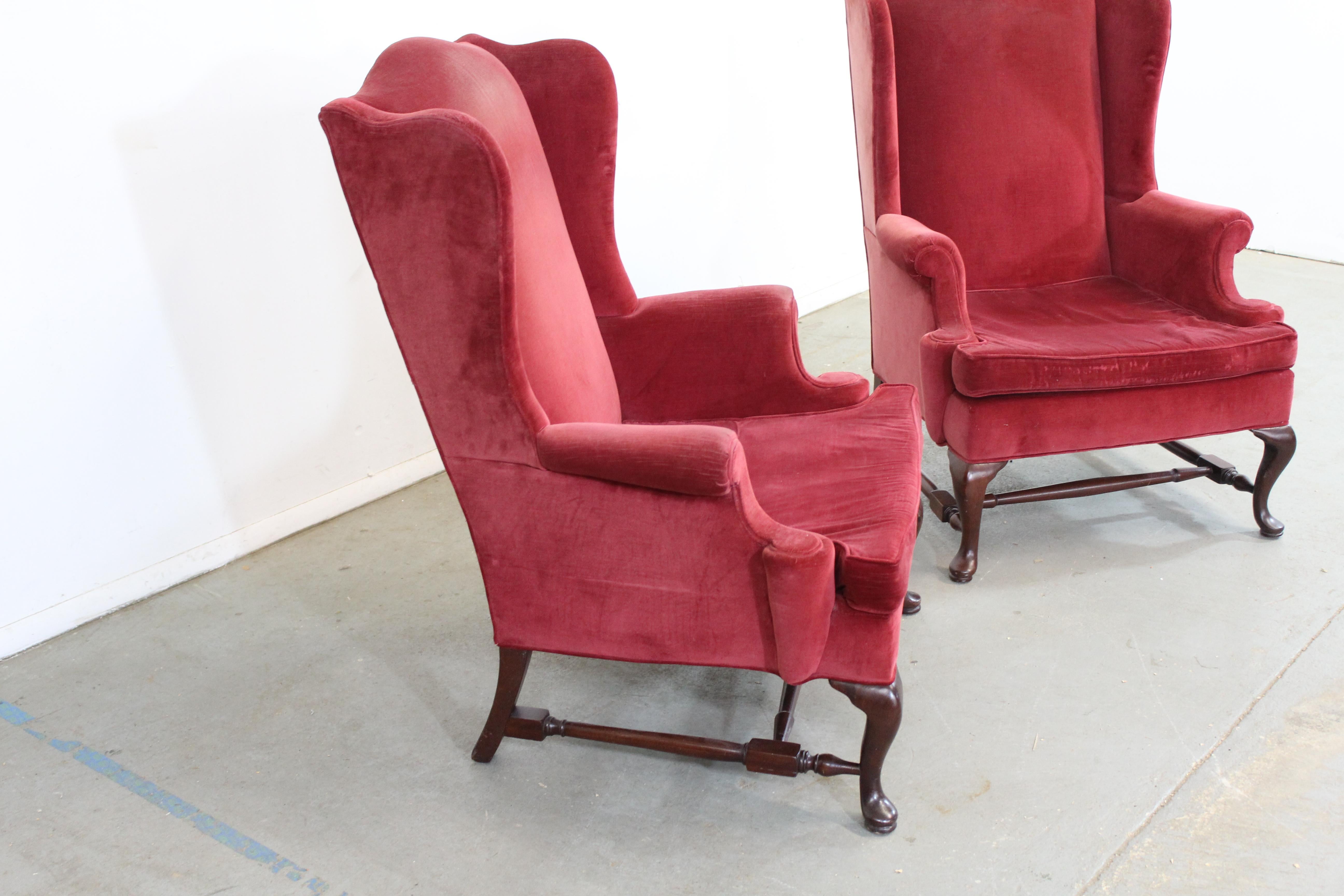 Pair of Queen Anne fireside wingback chairs by Hickory Chair Co

Offered is a pair of Queen Anne fireside wingback chairs by Hickory Chair Co. The chairs have a great look with nice lines, design, and look. The chairs are in good condition, but