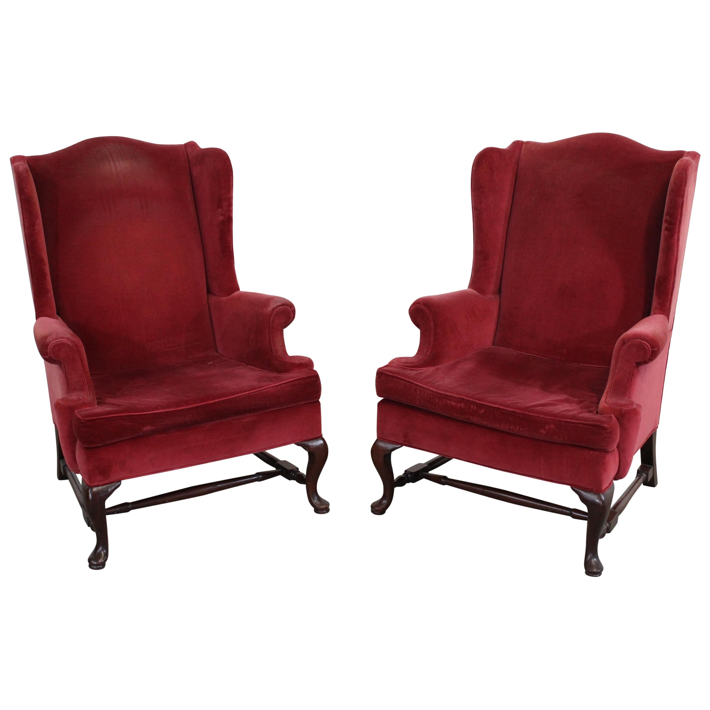 Pair of Queen Anne Fireside Wingback Chairs by Hickory Chair Co