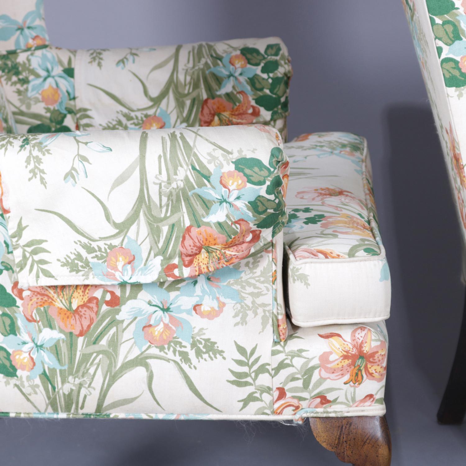 Pair of Queen Anne Floral Fireside Wingback Chairs, Tigerlily Print, circa 1930 3
