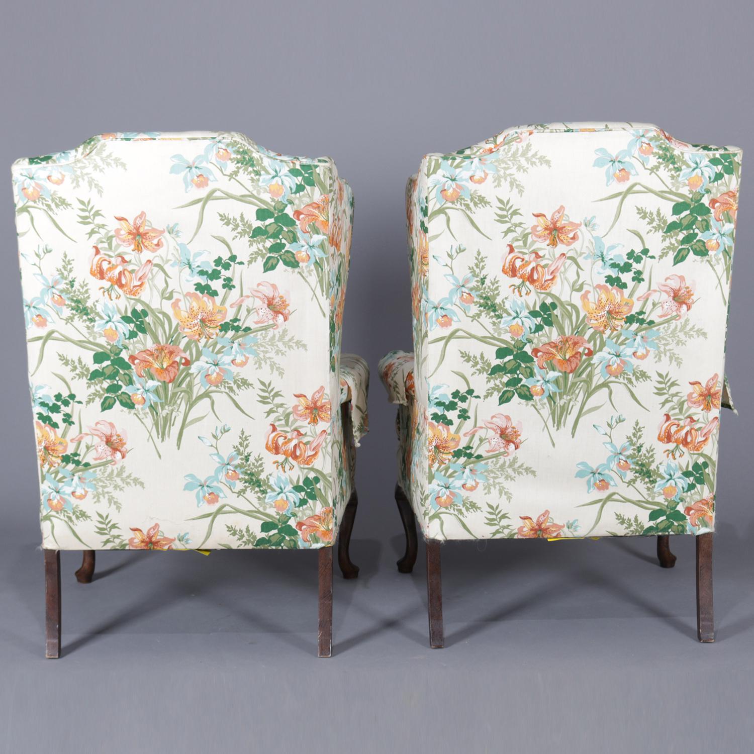 American Pair of Queen Anne Floral Fireside Wingback Chairs, Tigerlily Print, circa 1930