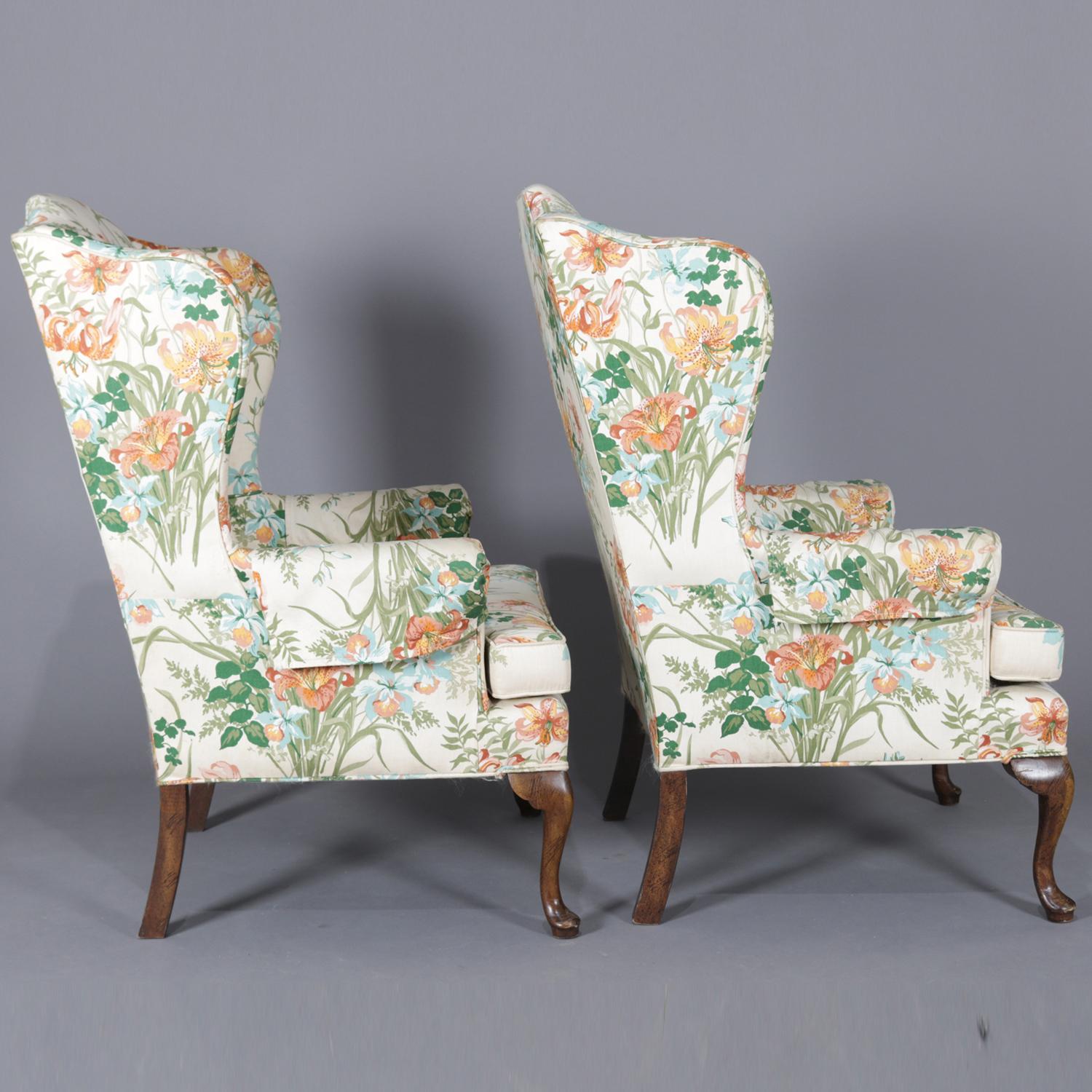 Pair of Queen Anne Floral Fireside Wingback Chairs, Tigerlily Print, circa 1930 In Good Condition In Big Flats, NY