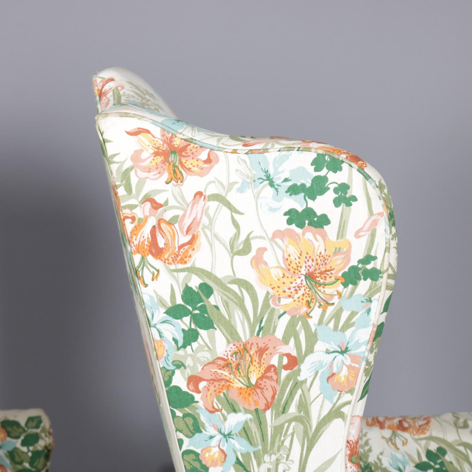 20th Century Pair of Queen Anne Floral Fireside Wingback Chairs, Tigerlily Print, circa 1930