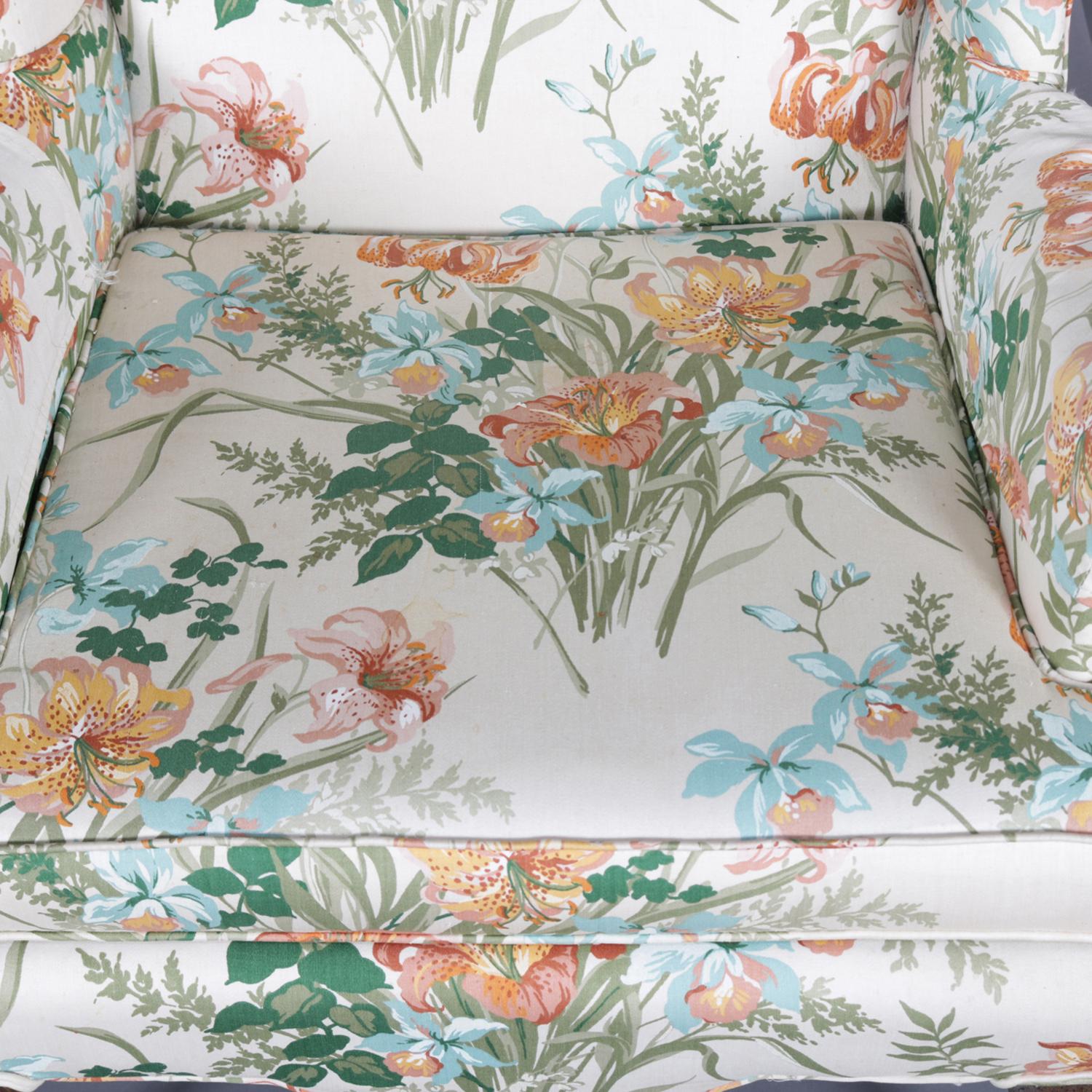 Upholstery Pair of Queen Anne Floral Fireside Wingback Chairs, Tigerlily Print, circa 1930