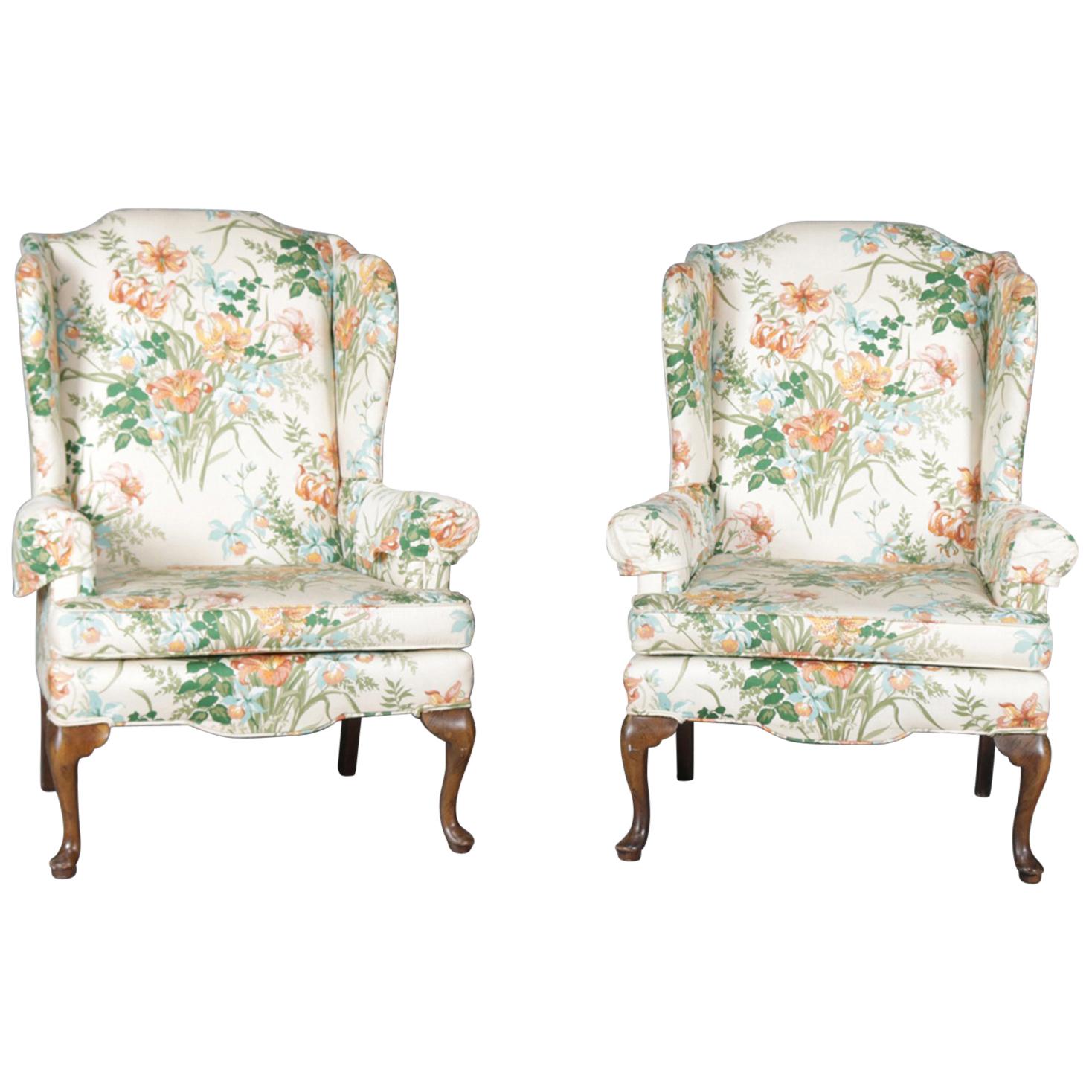 Pair of Queen Anne Floral Fireside Wingback Chairs, Tigerlily Print, circa 1930