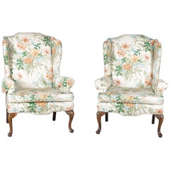 Vintage Pair of Queen Anne Floral Fireside Wingback Chairs, Tigerlily Print, circa 1930