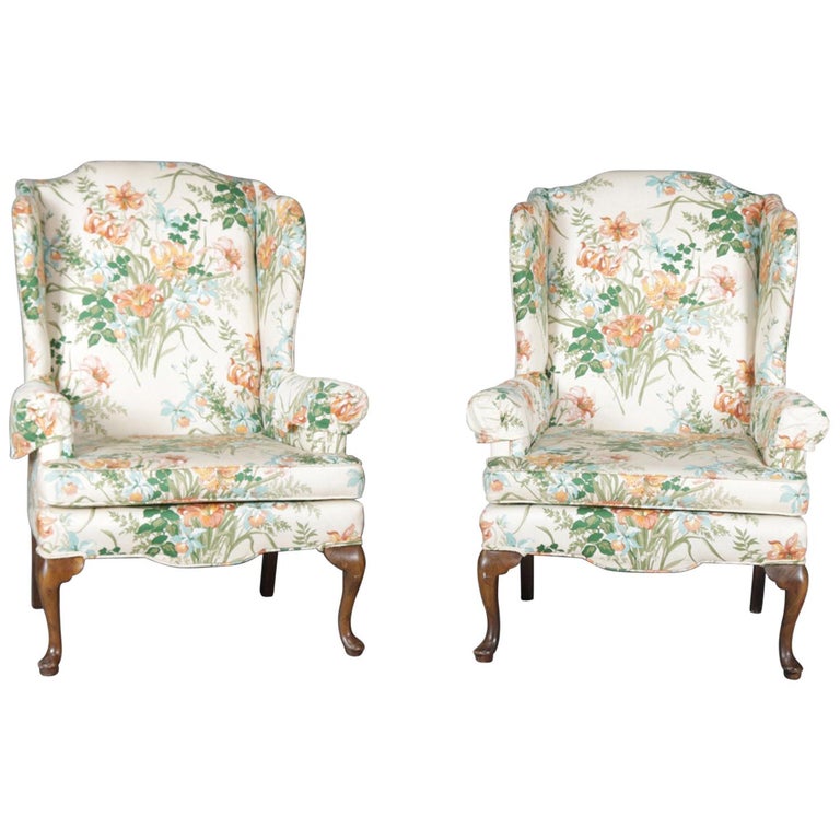 Pair of Queen Anne Floral Fireside Wingback Chairs ...