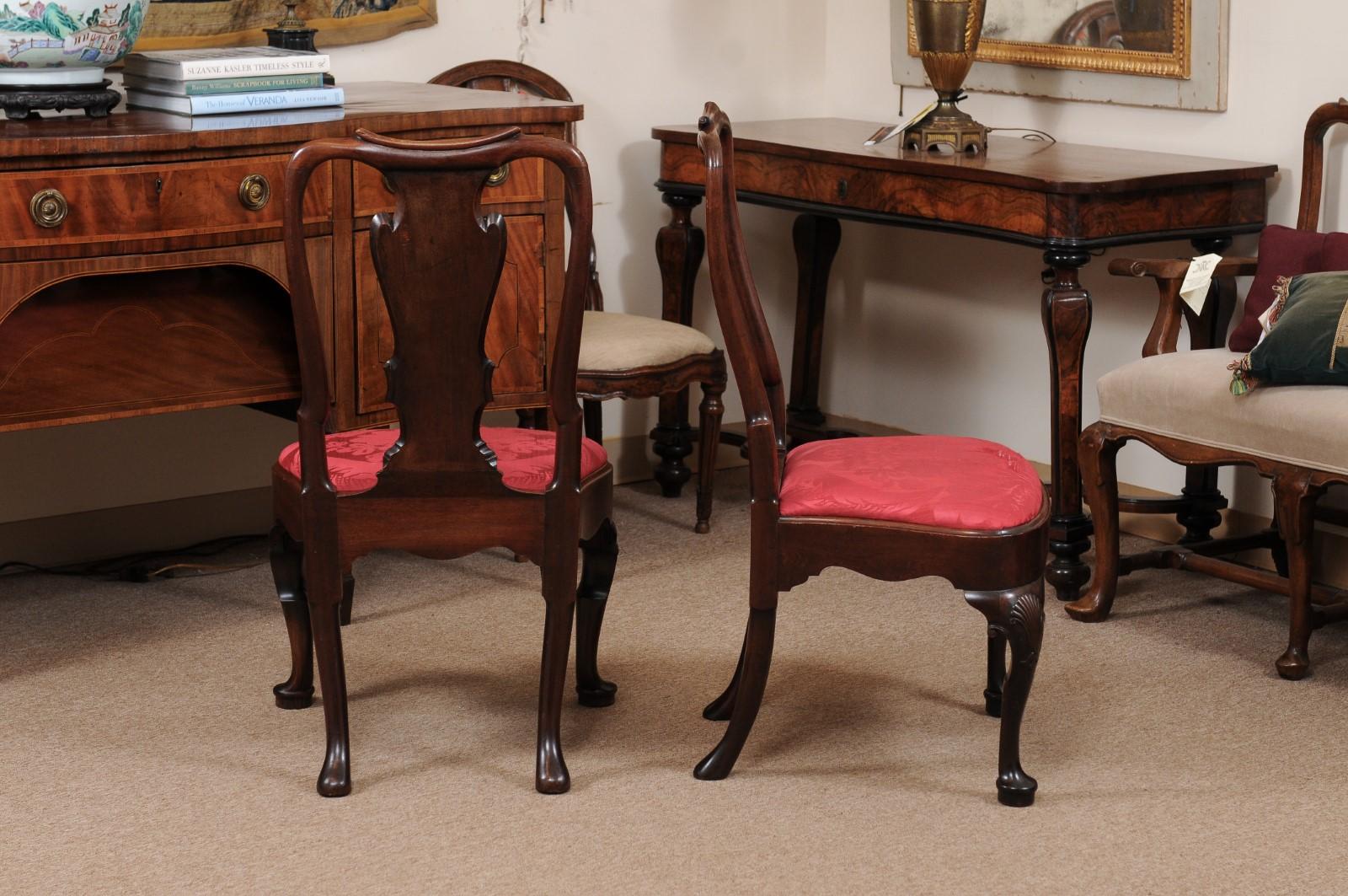 18th Century and Earlier Pair of Queen Anne Side Chairs in Walnut with Cabriole Legs & Pad Feet, 18th C