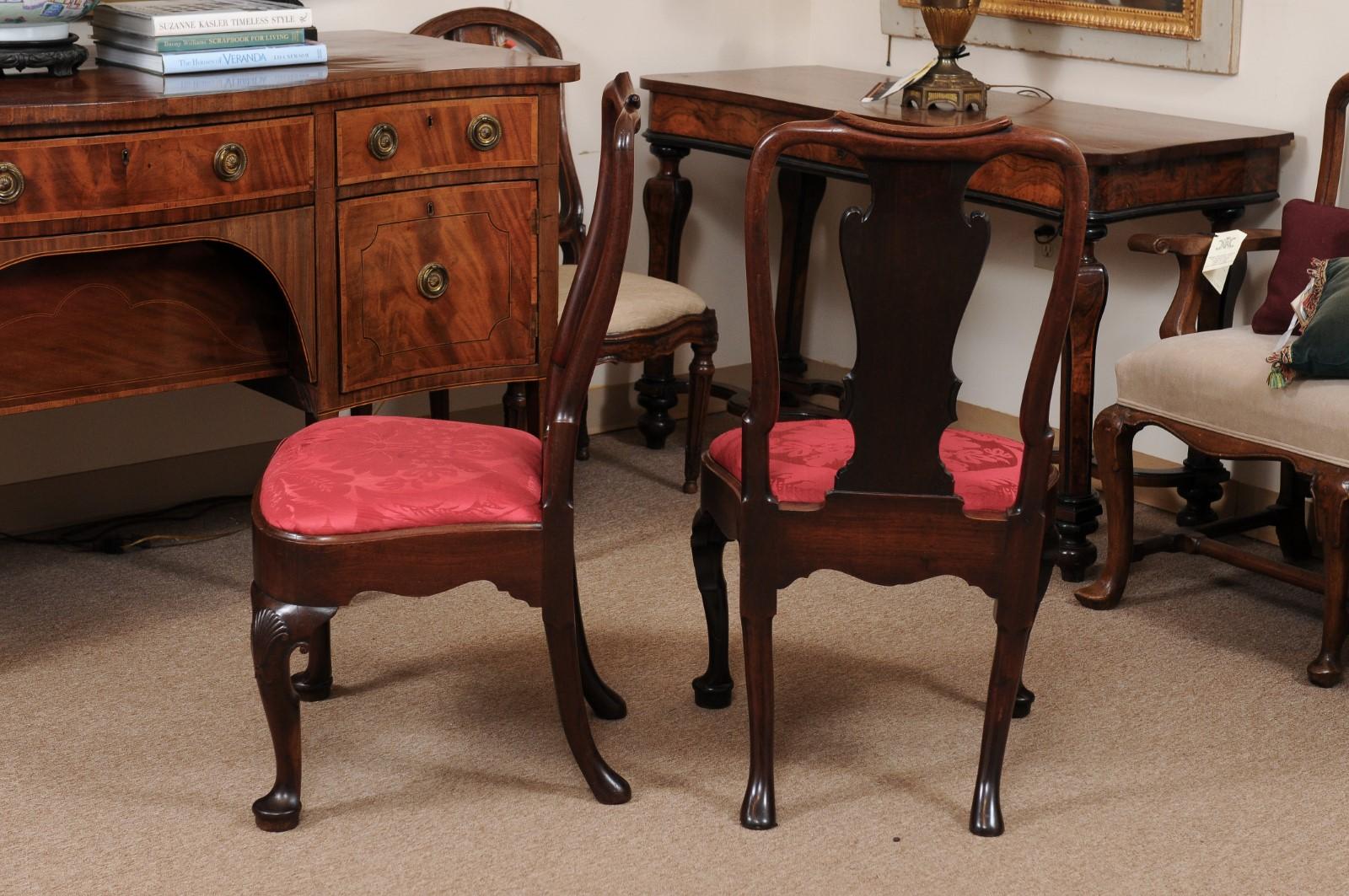 Upholstery Pair of Queen Anne Side Chairs in Walnut with Cabriole Legs & Pad Feet, 18th C