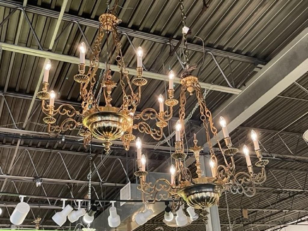 Pair of Queen Anne Style Brass Chandeliers For Sale 1
