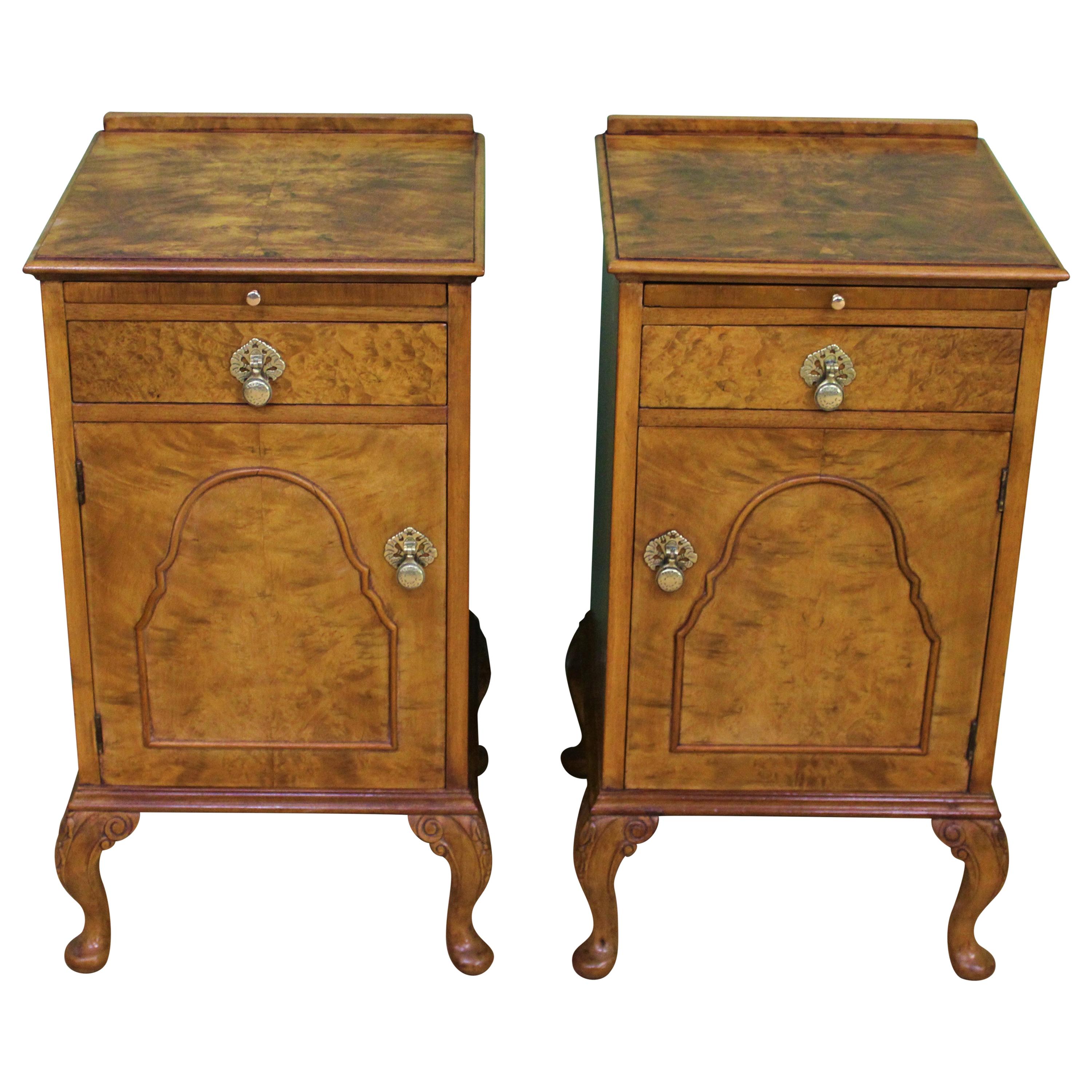 Pair of Queen Anne Style Burr Walnut Bedside Cupboards For Sale