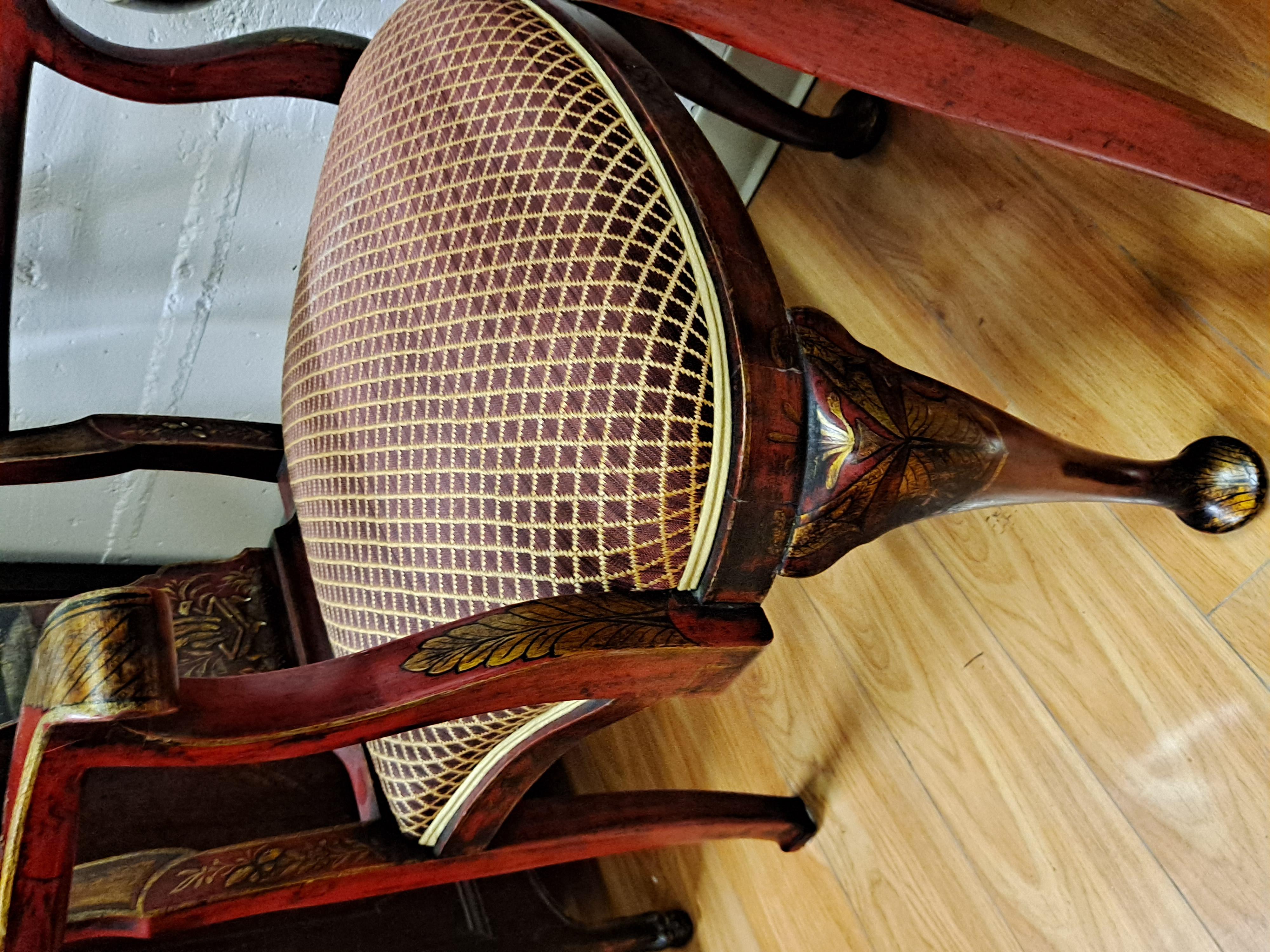 Wood Pair of Queen Anne-Style Chinoiserie Painted Armchairs With Upholstered Seats For Sale