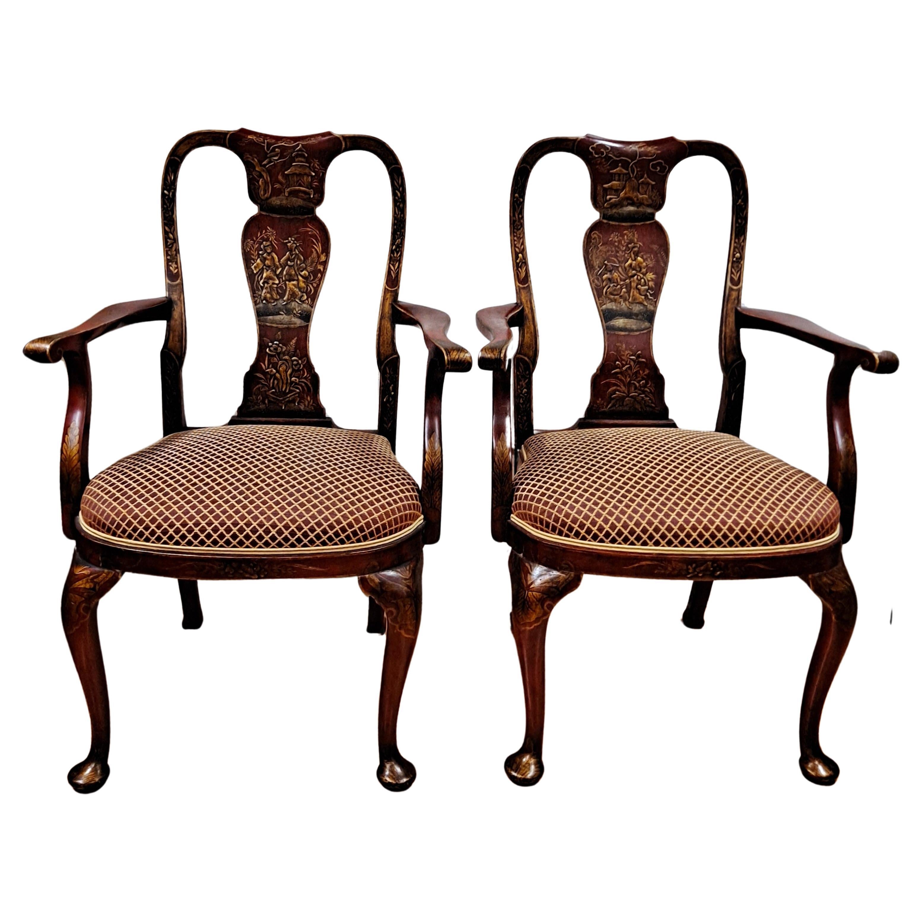 Pair of Queen Anne-Style Chinoiserie Painted Armchairs With Upholstered Seats