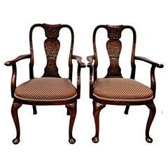 Pair of Queen Anne-Style Chinoiserie Painted Armchairs With Upholstered Seats