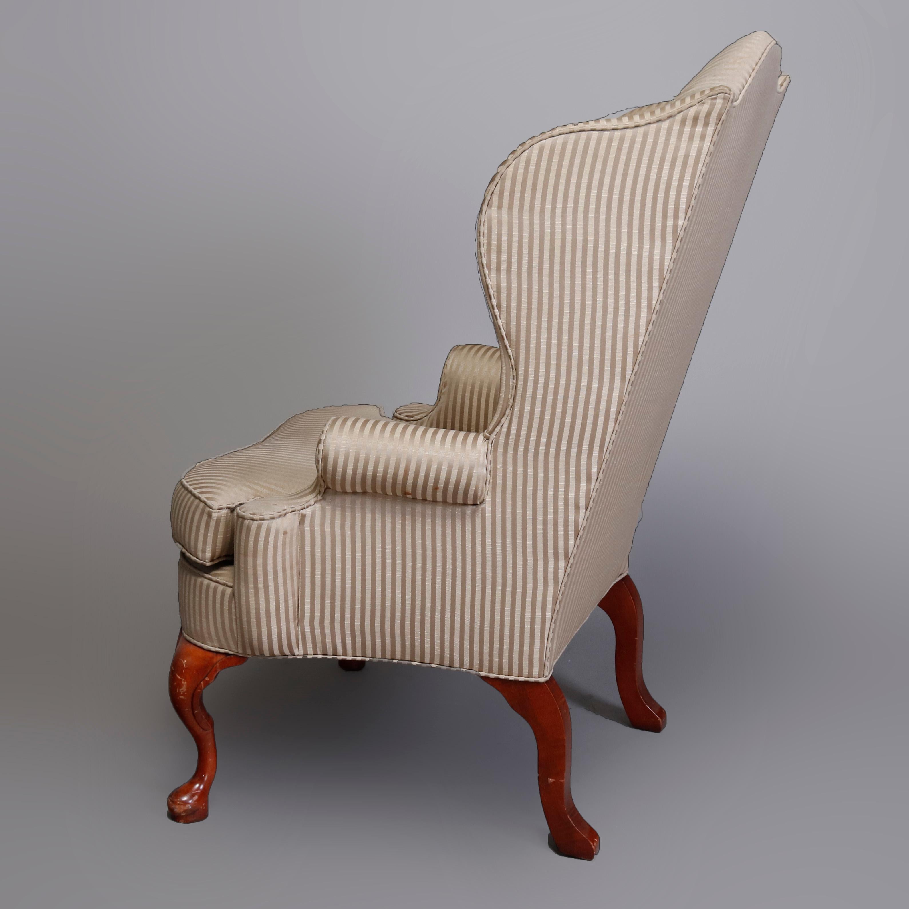 American Pair of Queen Anne Style Fireside Wingback Chairs, Striped Upholstery