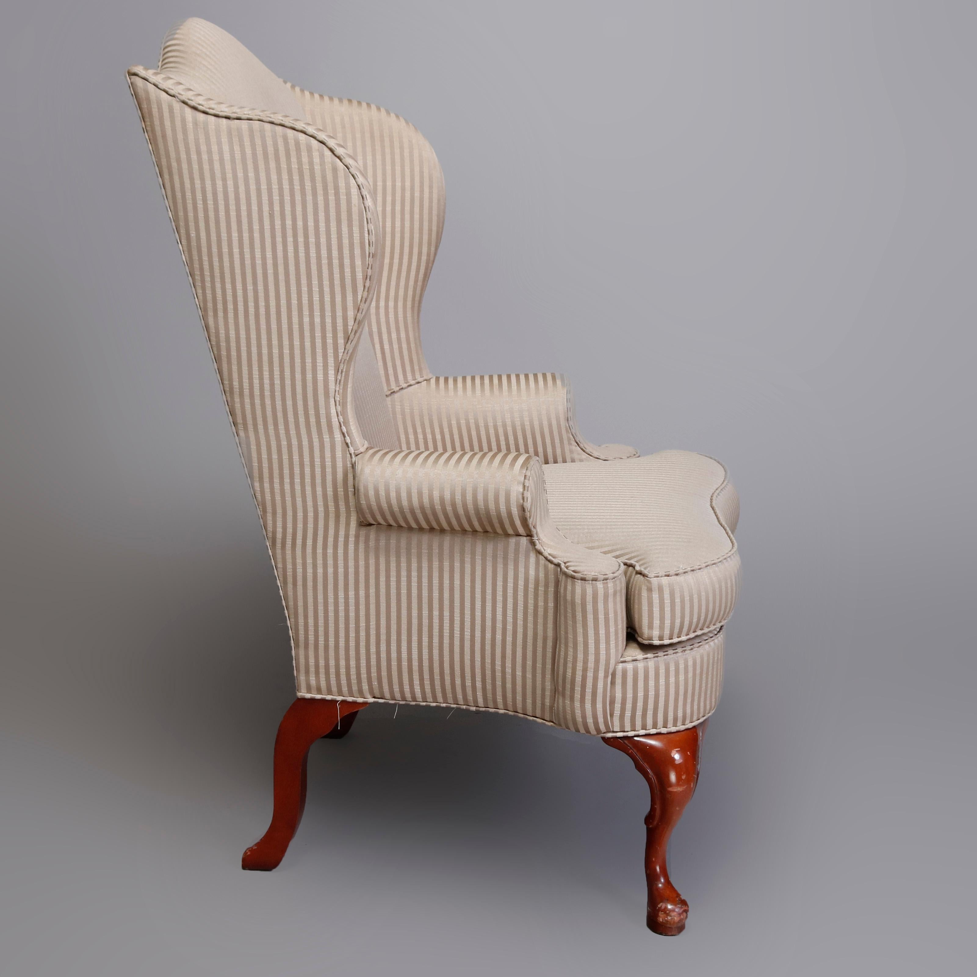 20th Century Pair of Queen Anne Style Fireside Wingback Chairs, Striped Upholstery