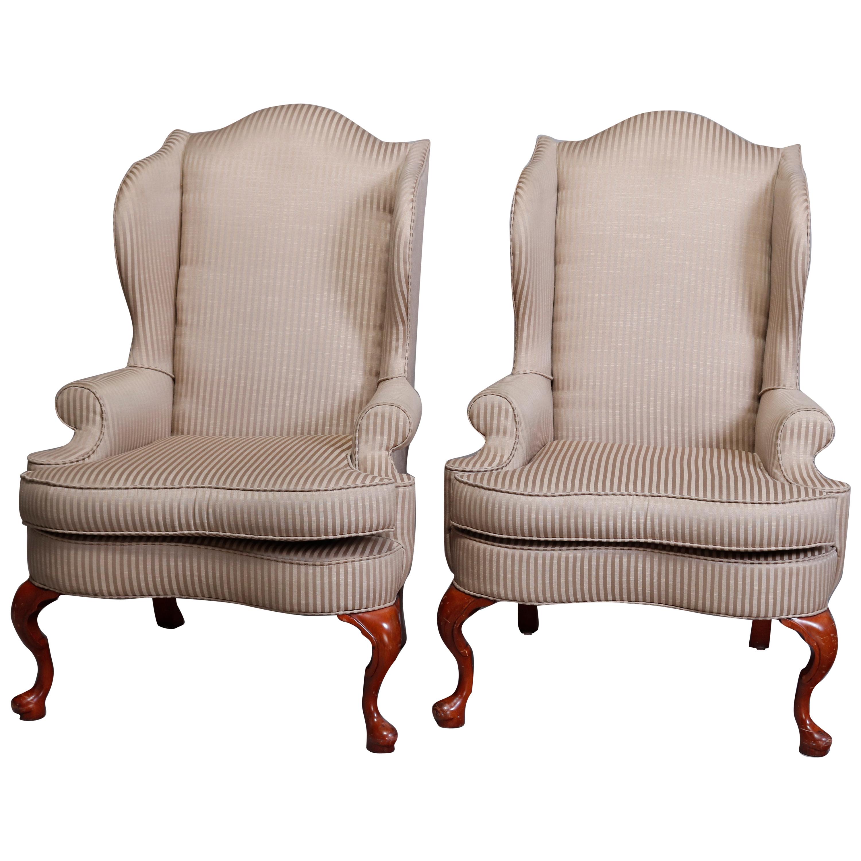 Pair of Queen Anne Style Fireside Wingback Chairs, Striped Upholstery