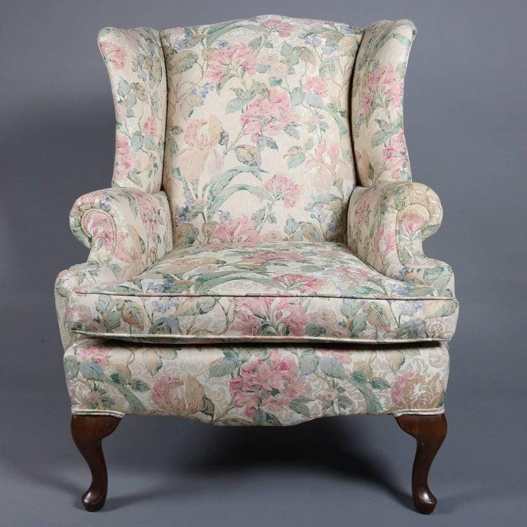 American Pair of Queen Anne Style Floral Upholstered Wingback Chairs, 20th Century