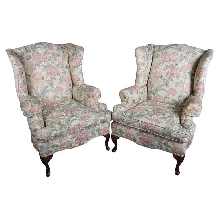 Pair of Queen Anne Style Floral Upholstered Wingback Chairs, 20th Century For Sale