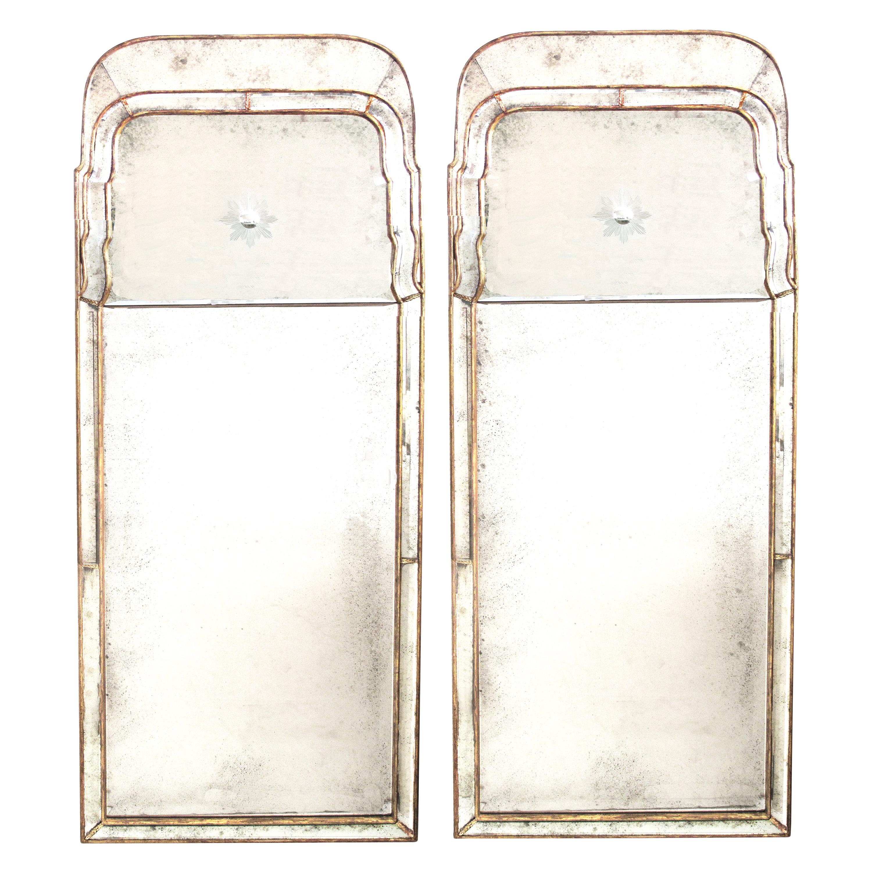 Pair of Queen Anne Style Giltwood Pier Mirrors with Mirrored Border and Sunburst