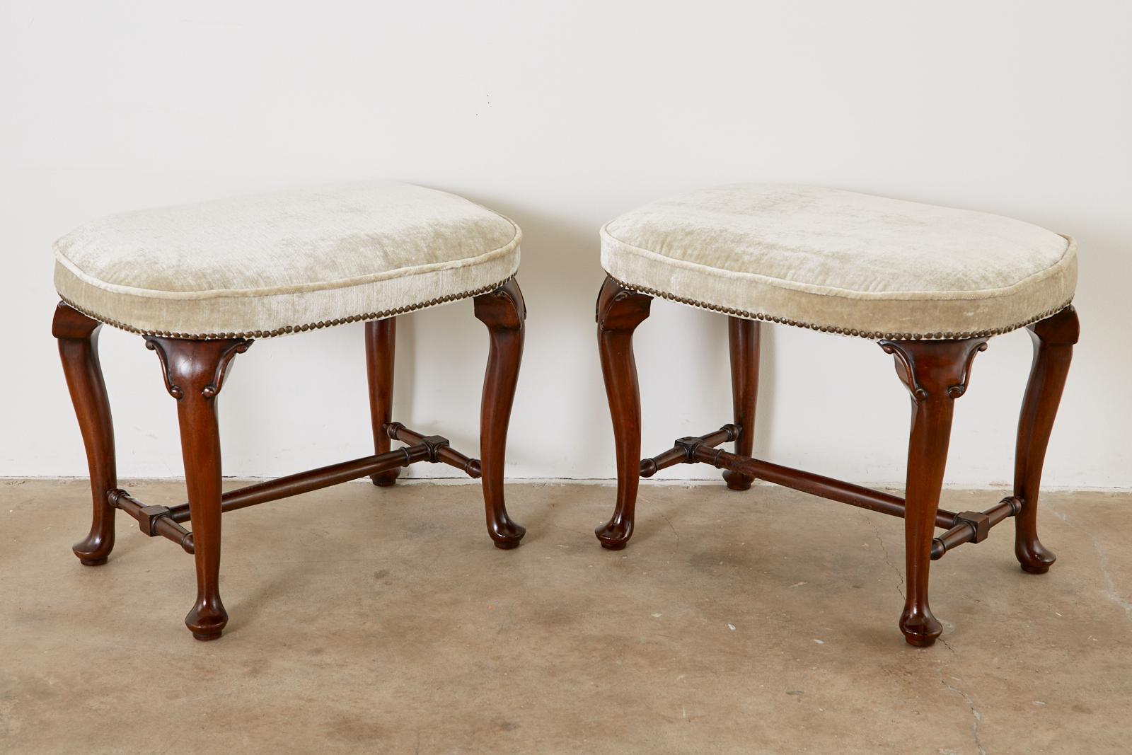 Pair of Queen Anne Style Mahogany and Velvet Footstools For Sale 4
