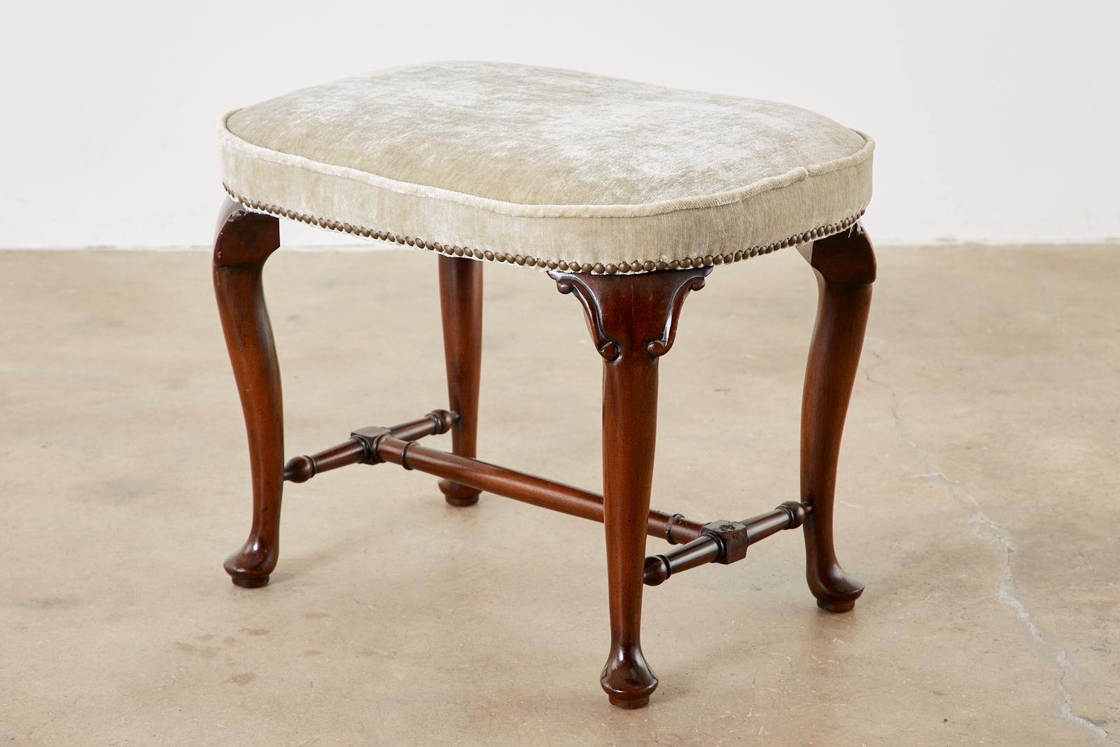 English Pair of Queen Anne Style Mahogany and Velvet Footstools For Sale
