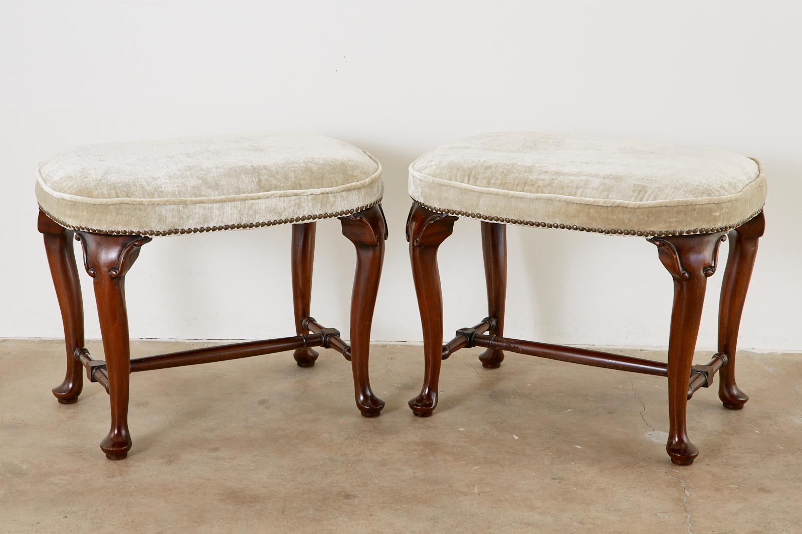 Hand-Crafted Pair of Queen Anne Style Mahogany and Velvet Footstools For Sale