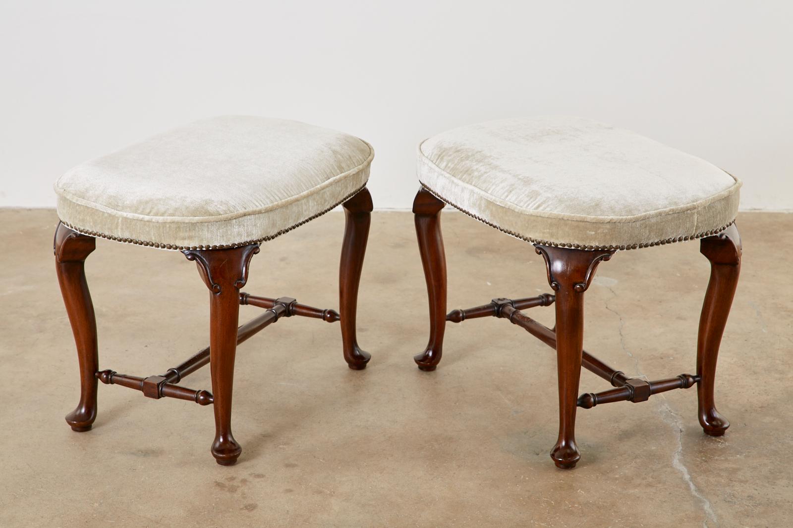 Pair of Queen Anne Style Mahogany and Velvet Footstools In Good Condition For Sale In Rio Vista, CA