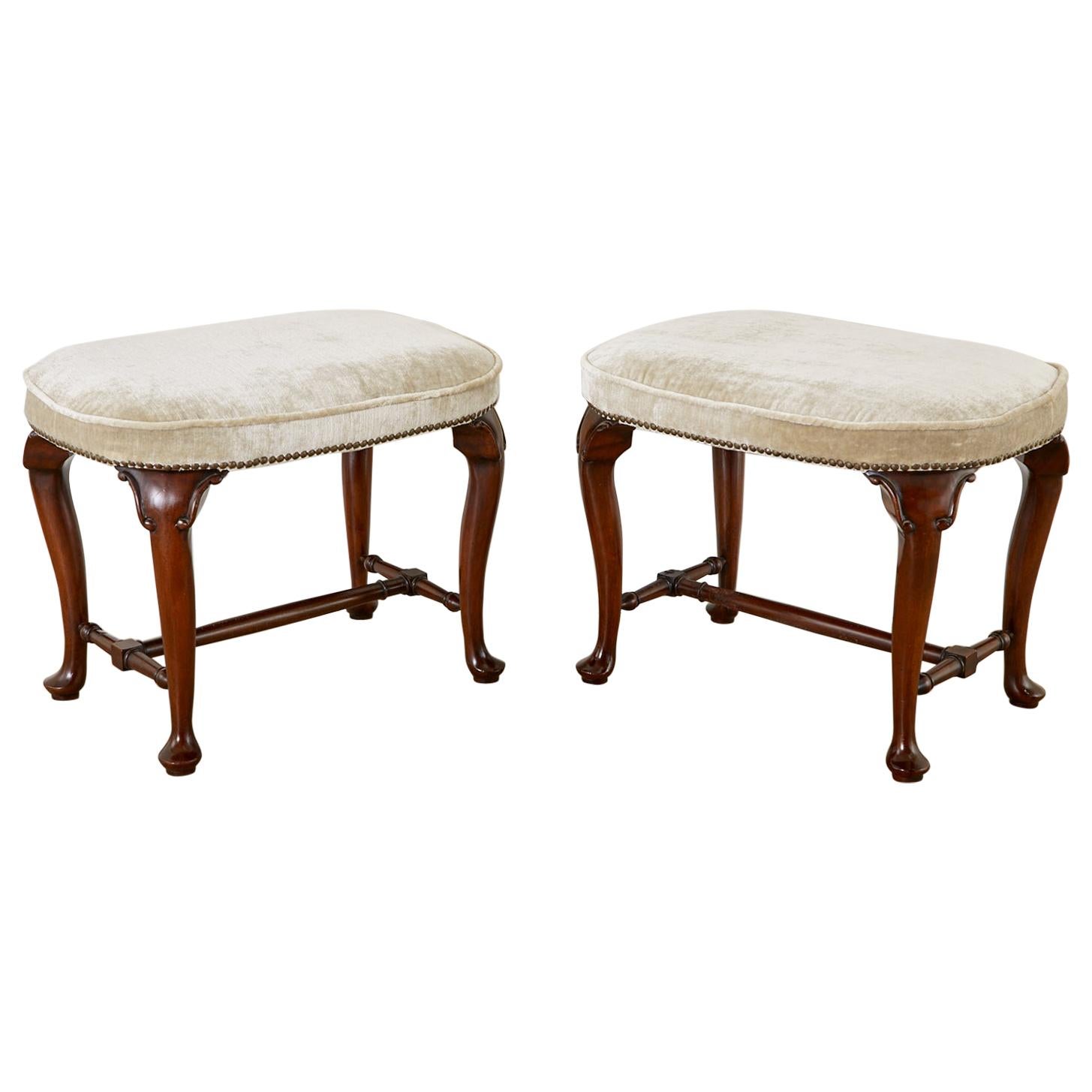 Pair of Queen Anne Style Mahogany and Velvet Footstools For Sale