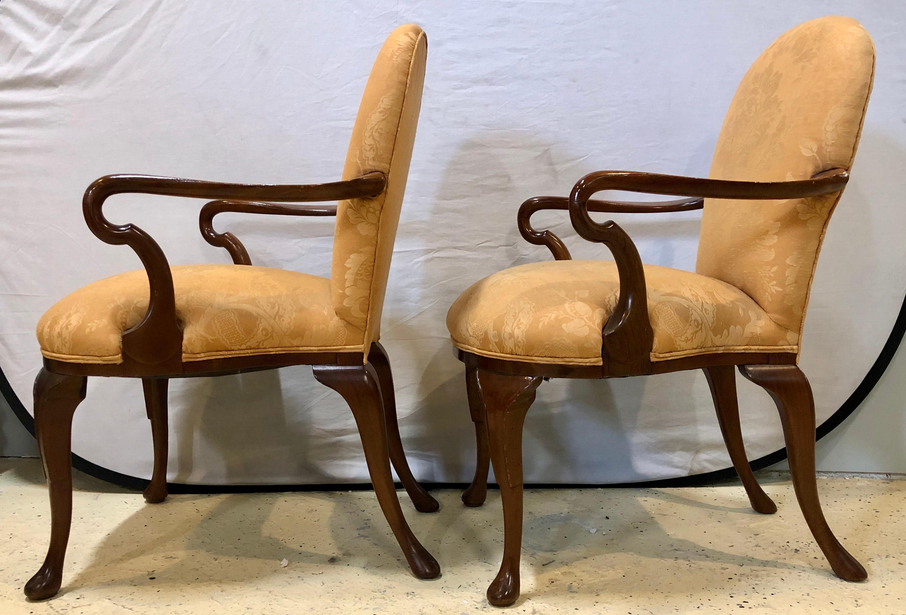 20th Century Pair of Queen Anne Style Open Armchairs or Bergeres