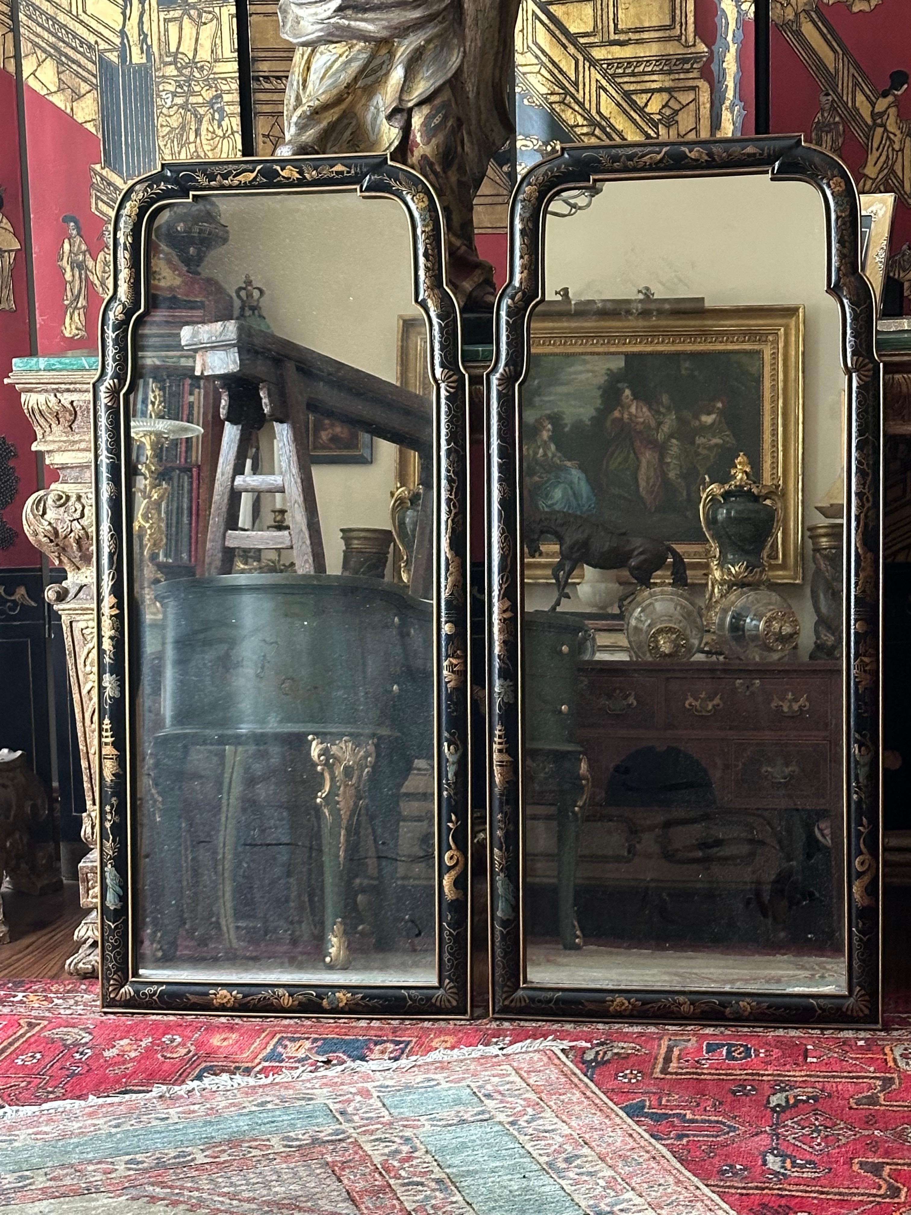 Chinoiserie Pair of Queen Anne Style Parcel Gilt Black Japanned Mirrors.