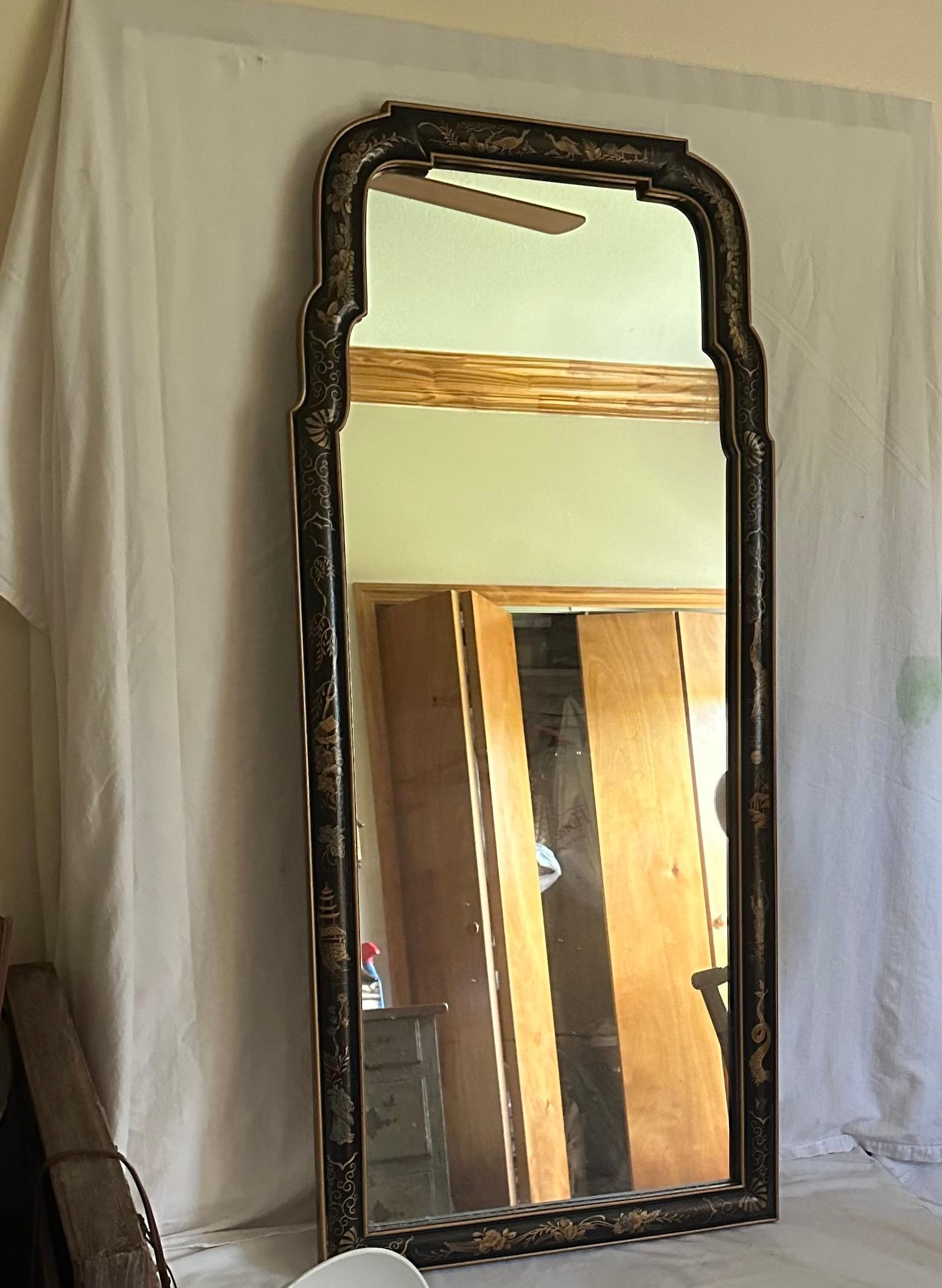 Hand-Painted Pair of Queen Anne Style Parcel Gilt Black Japanned Mirrors.
