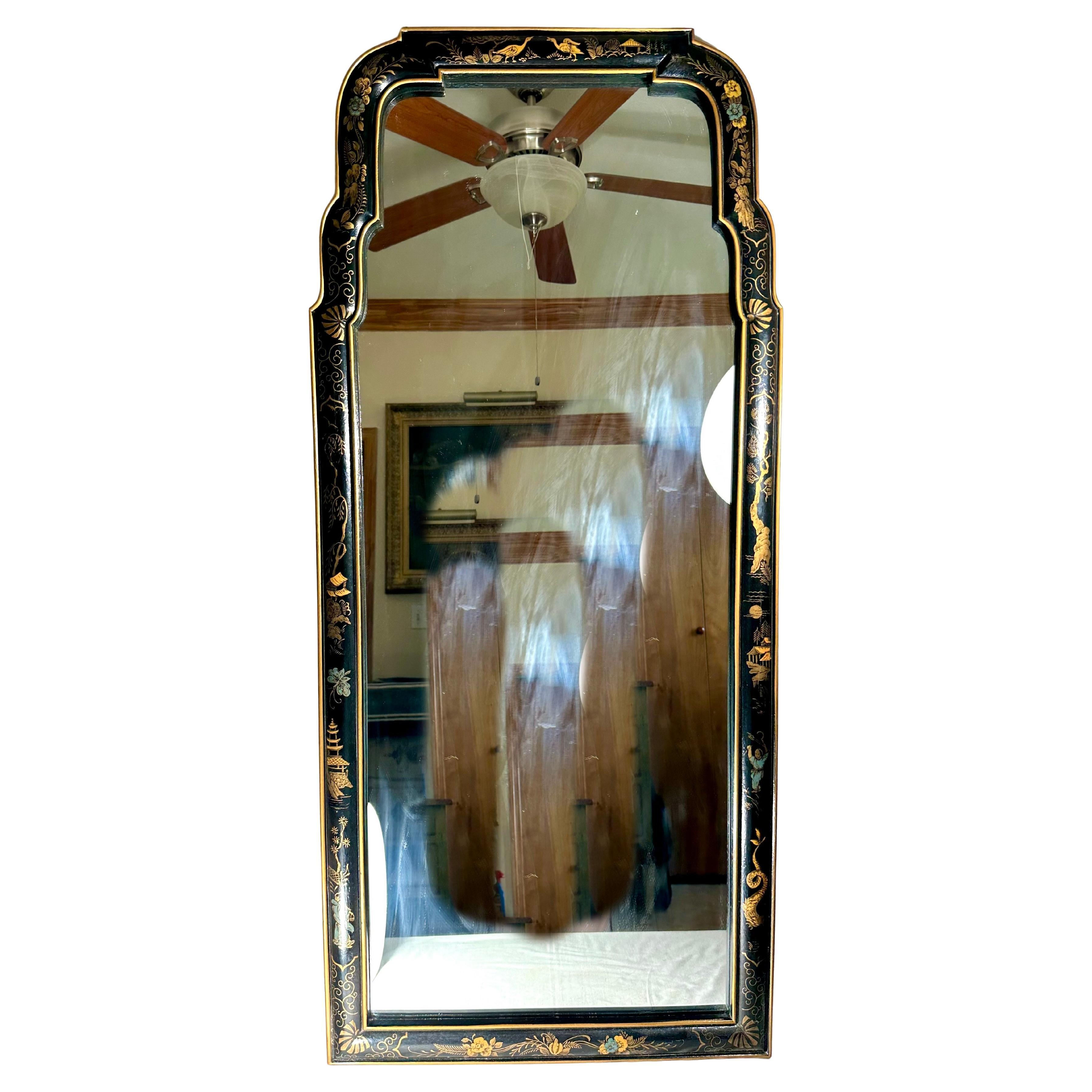 20th Century Pair of Queen Anne Style Parcel Gilt Black Japanned Mirrors.