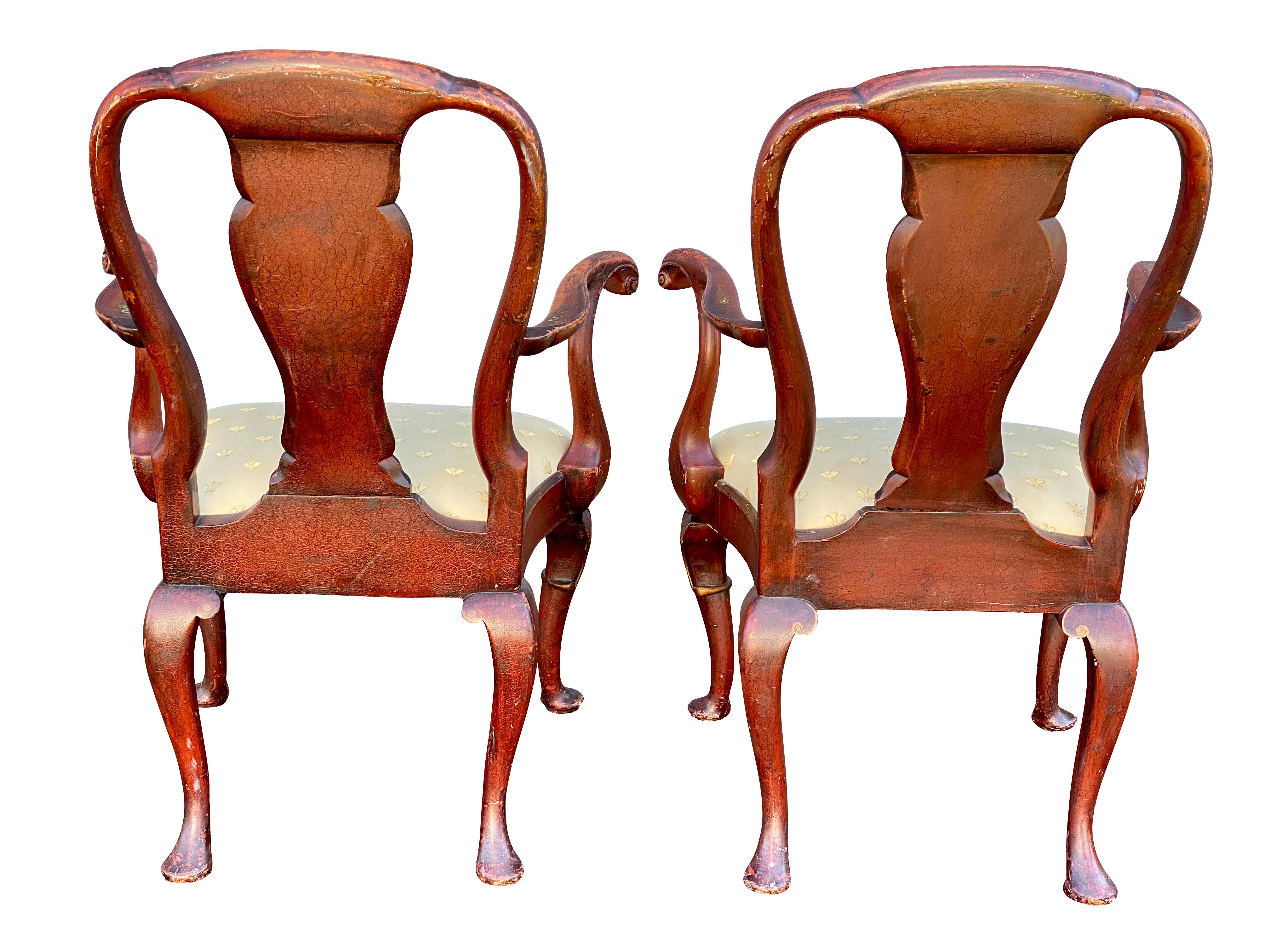 Hand-Painted Pair of Queen Anne Style Red Japanned Armchairs