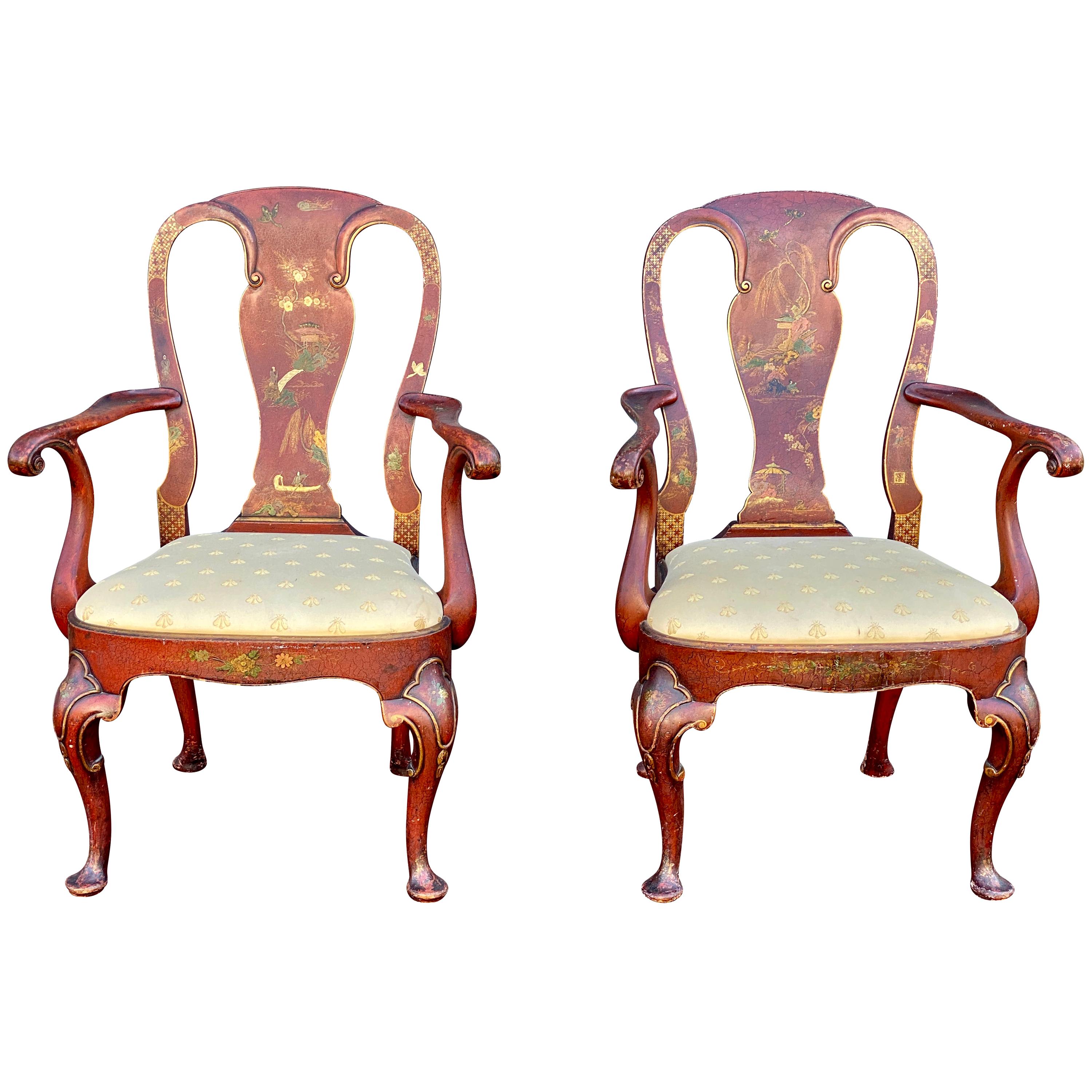 Pair of Queen Anne Style Red Japanned Armchairs