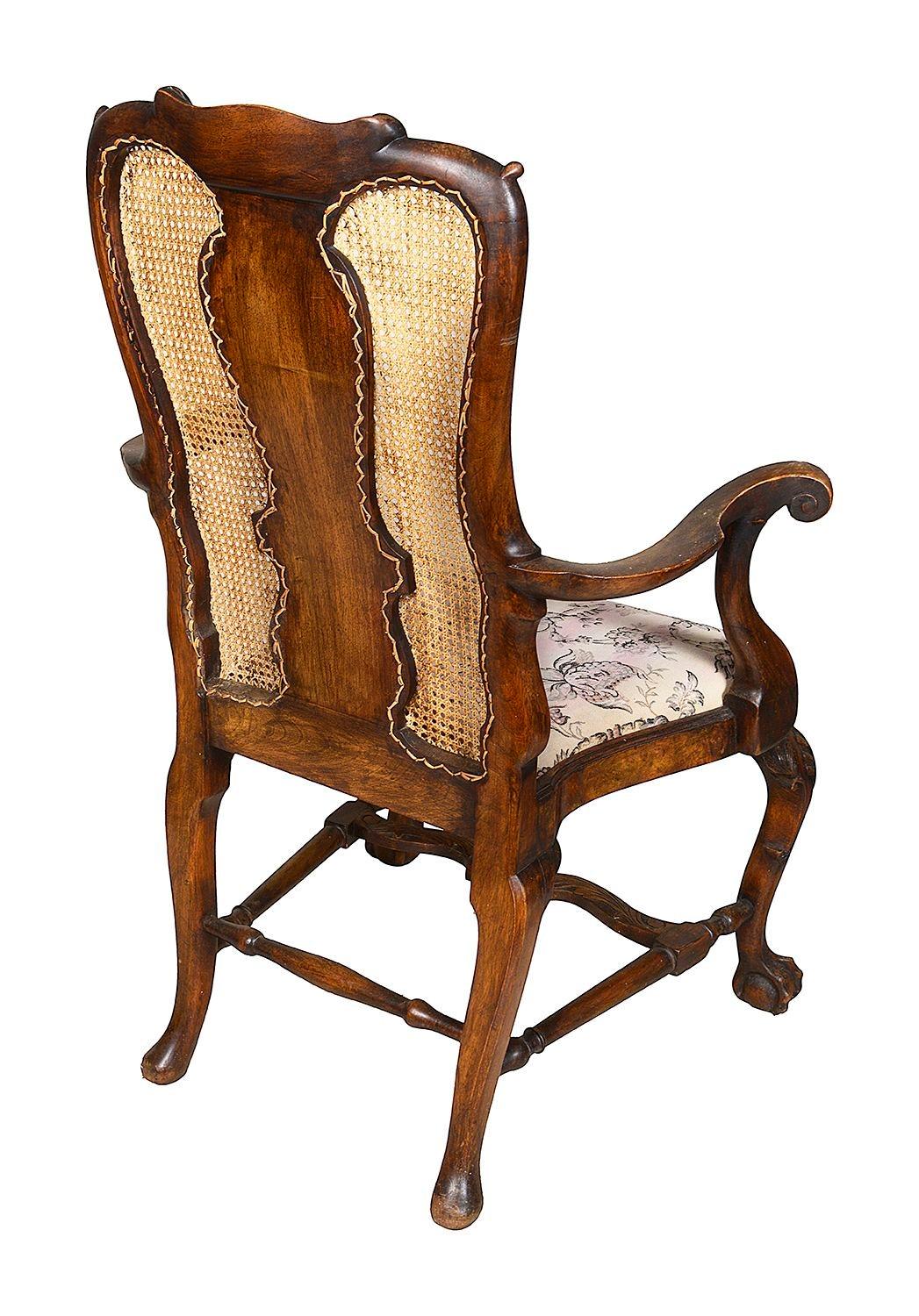 Hand-Carved Pair of Queen Anne style Walnut arm chairs, circa 1900 For Sale
