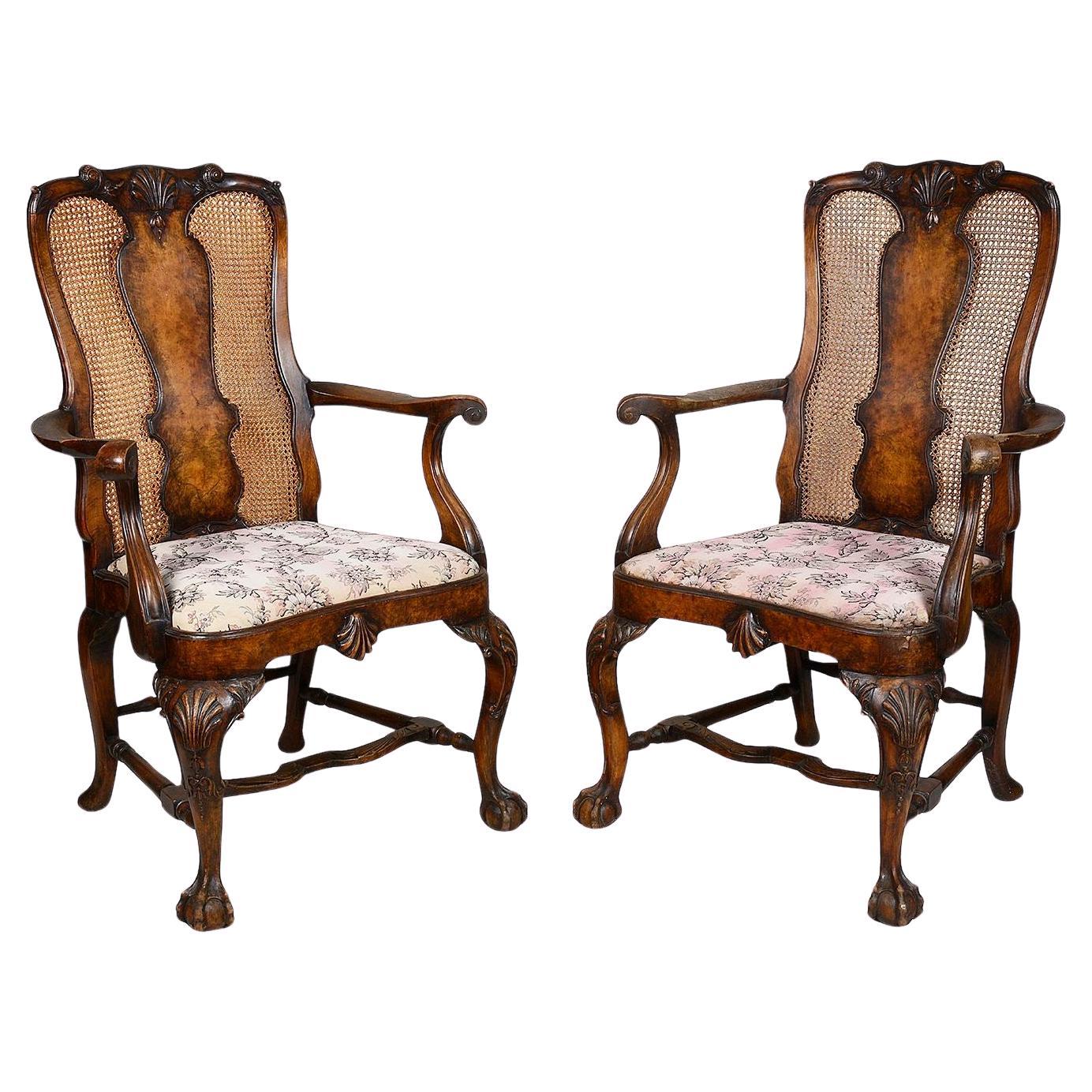 Pair of Queen Anne style Walnut arm chairs, circa 1900 For Sale